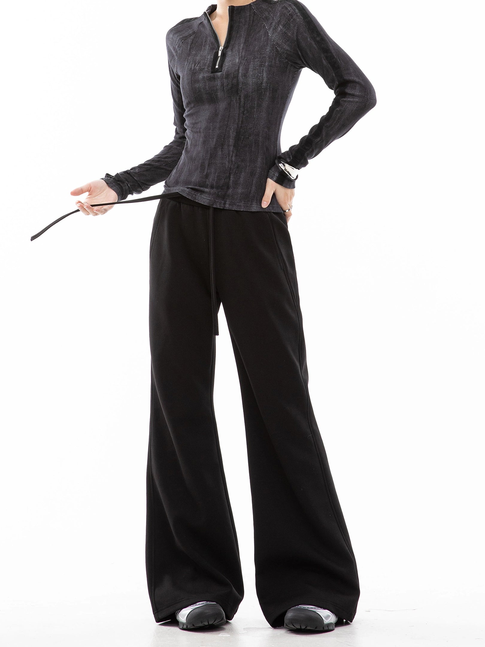 ICH MODE 美式复古微喇休闲裤女抽绳运动裤宽松直筒裤阔腿裤卫裤