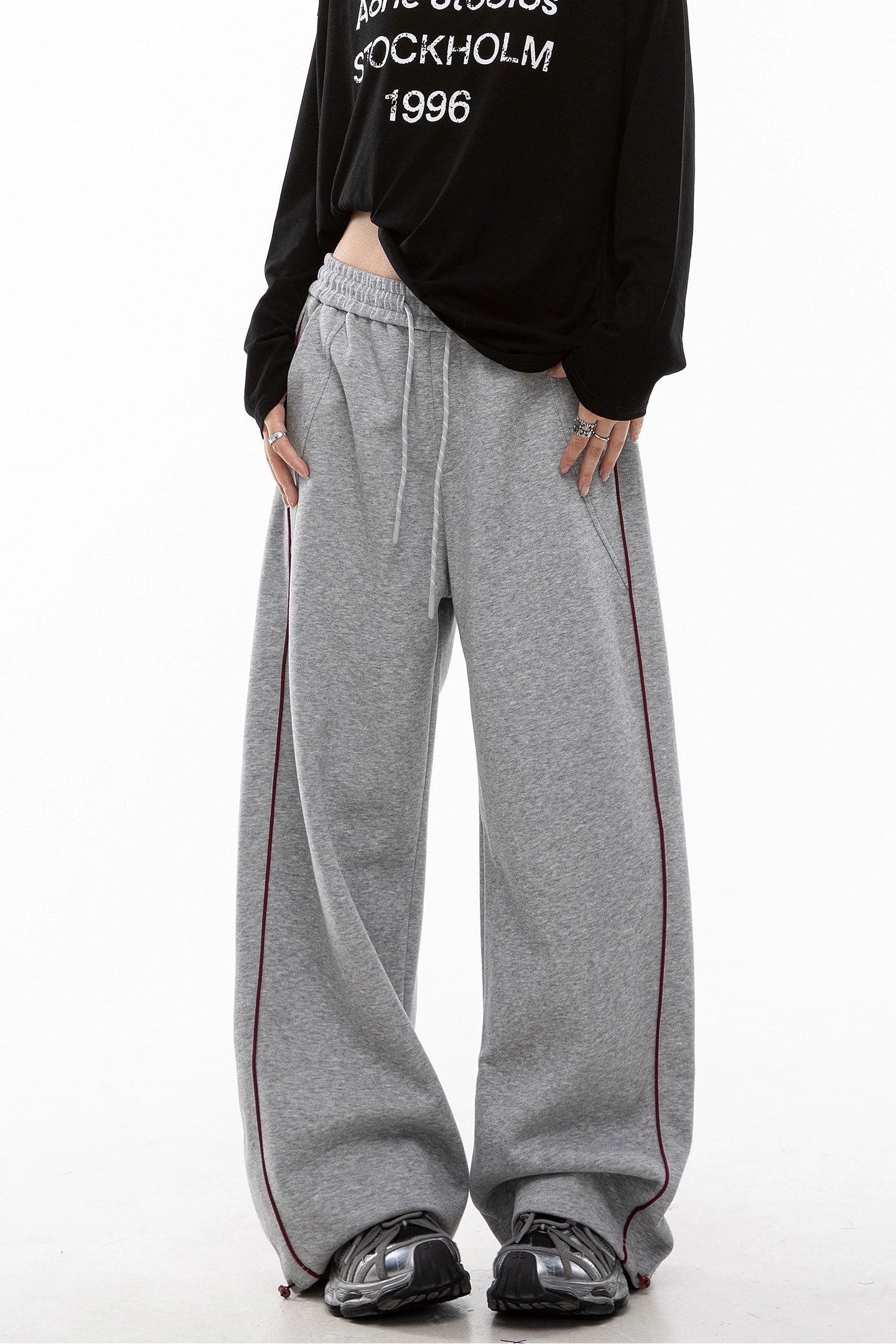 ICH MODE 美式复古条纹休闲裤女直筒宽松阔腿裤运动裤百搭卫裤