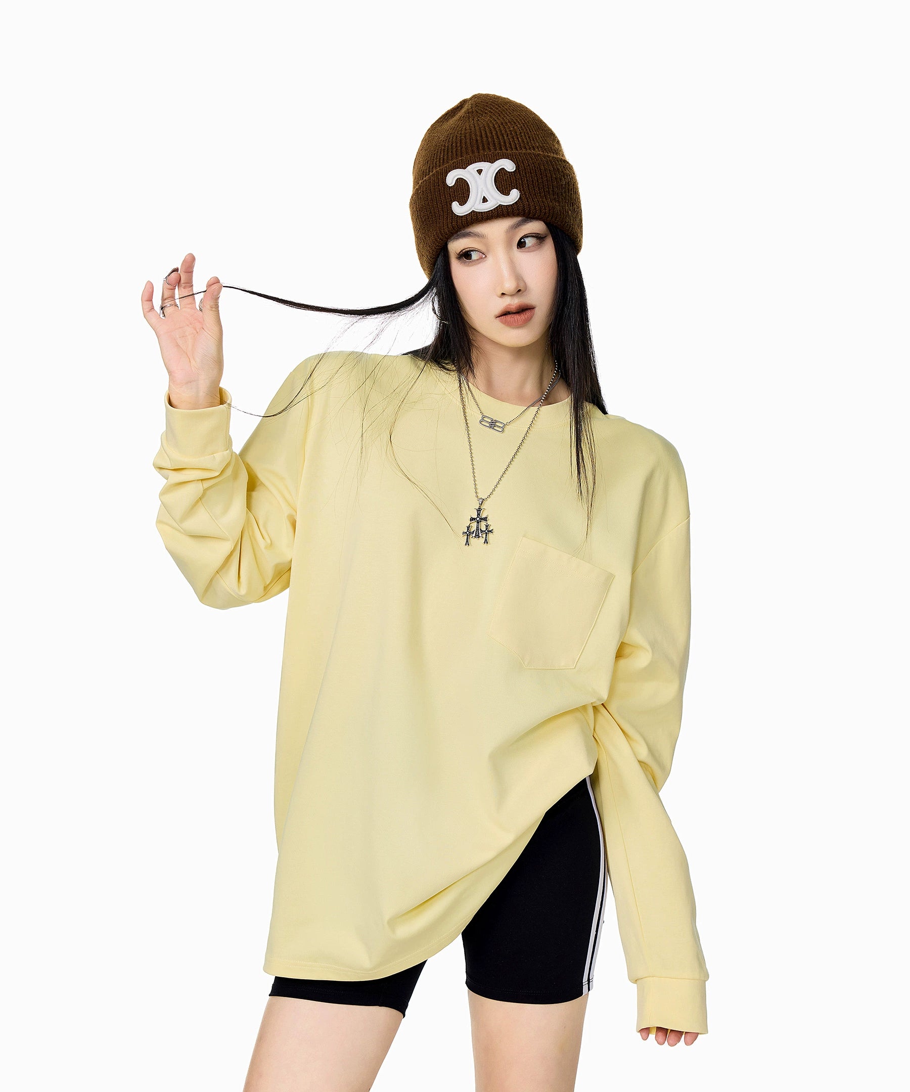 ICH MODE 美式圆领正肩长袖T恤女2025秋冬新款宽松纯色上衣打底衫