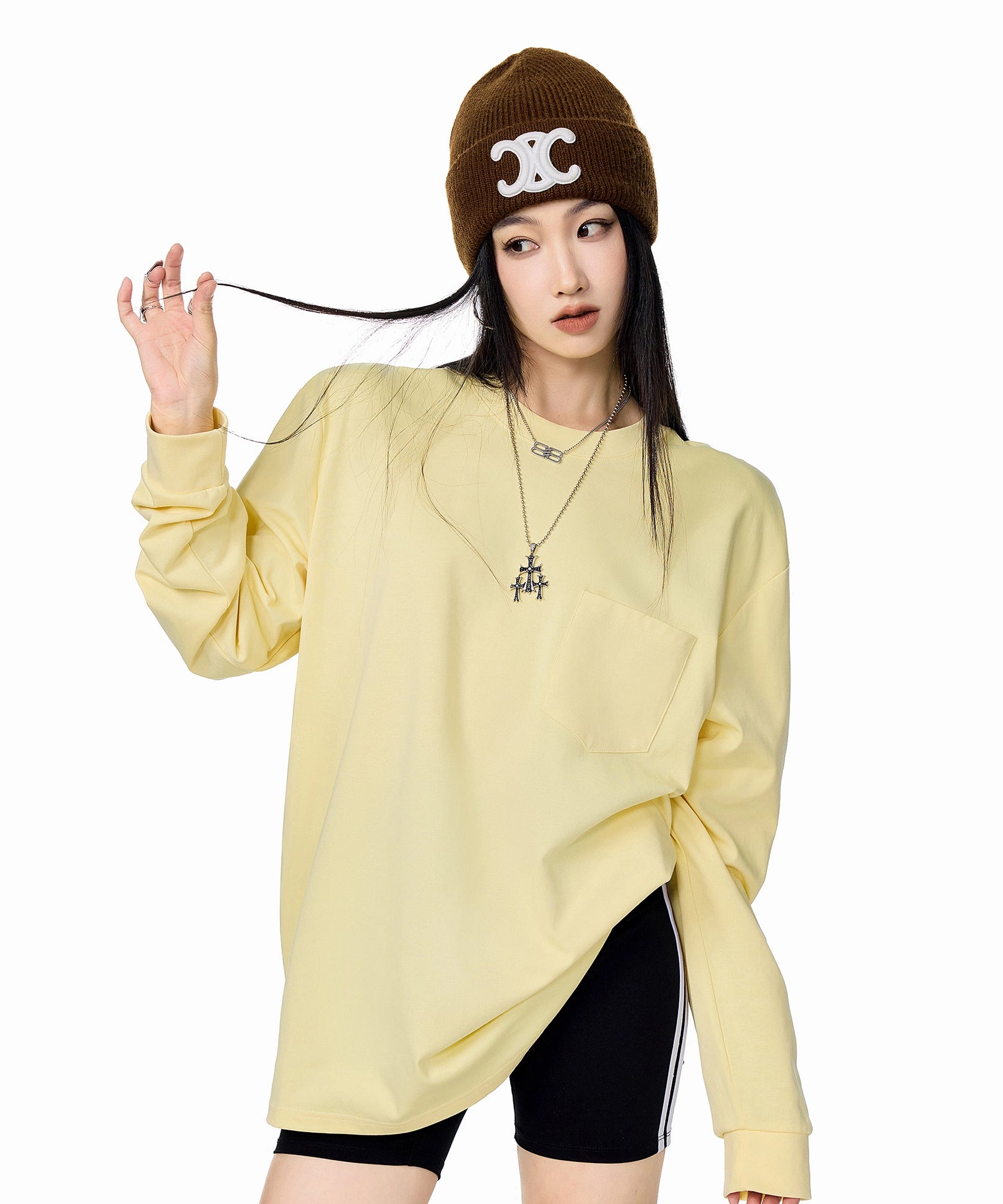 ICH MODE 美式圆领正肩长袖T恤女2025秋冬新款宽松纯色上衣打底衫