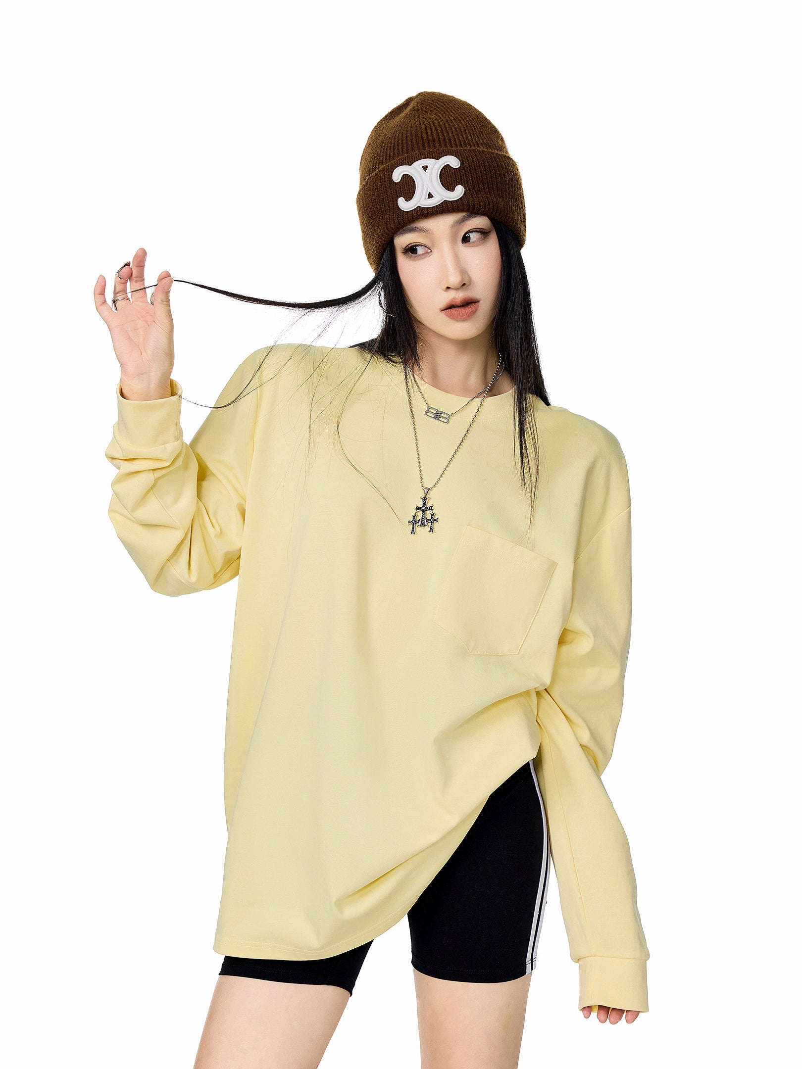 ICH MODE 美式圆领正肩长袖T恤女2025秋冬新款宽松纯色上衣打底衫