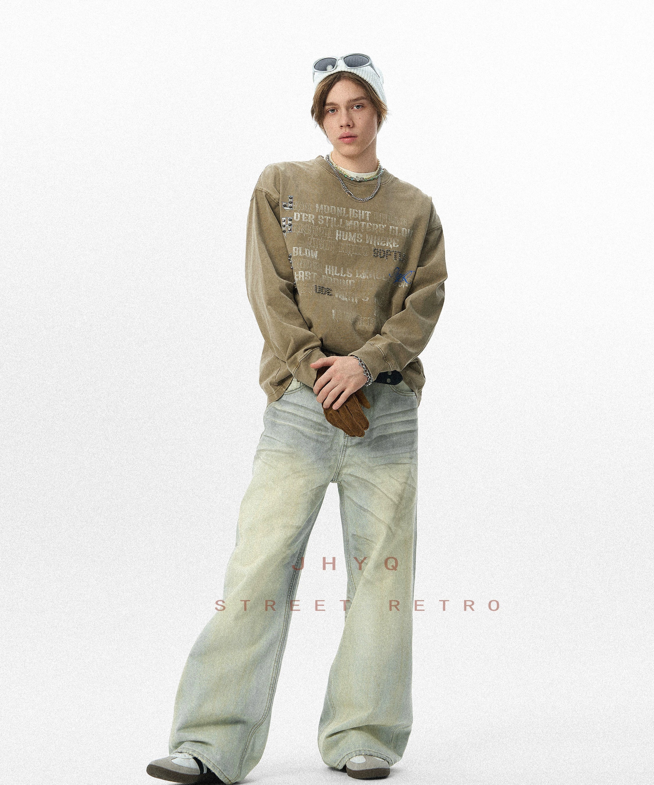 水洗系列丨JHYQ美式字母钉珠320g重磅满印长袖T恤男潮流复古卫衣