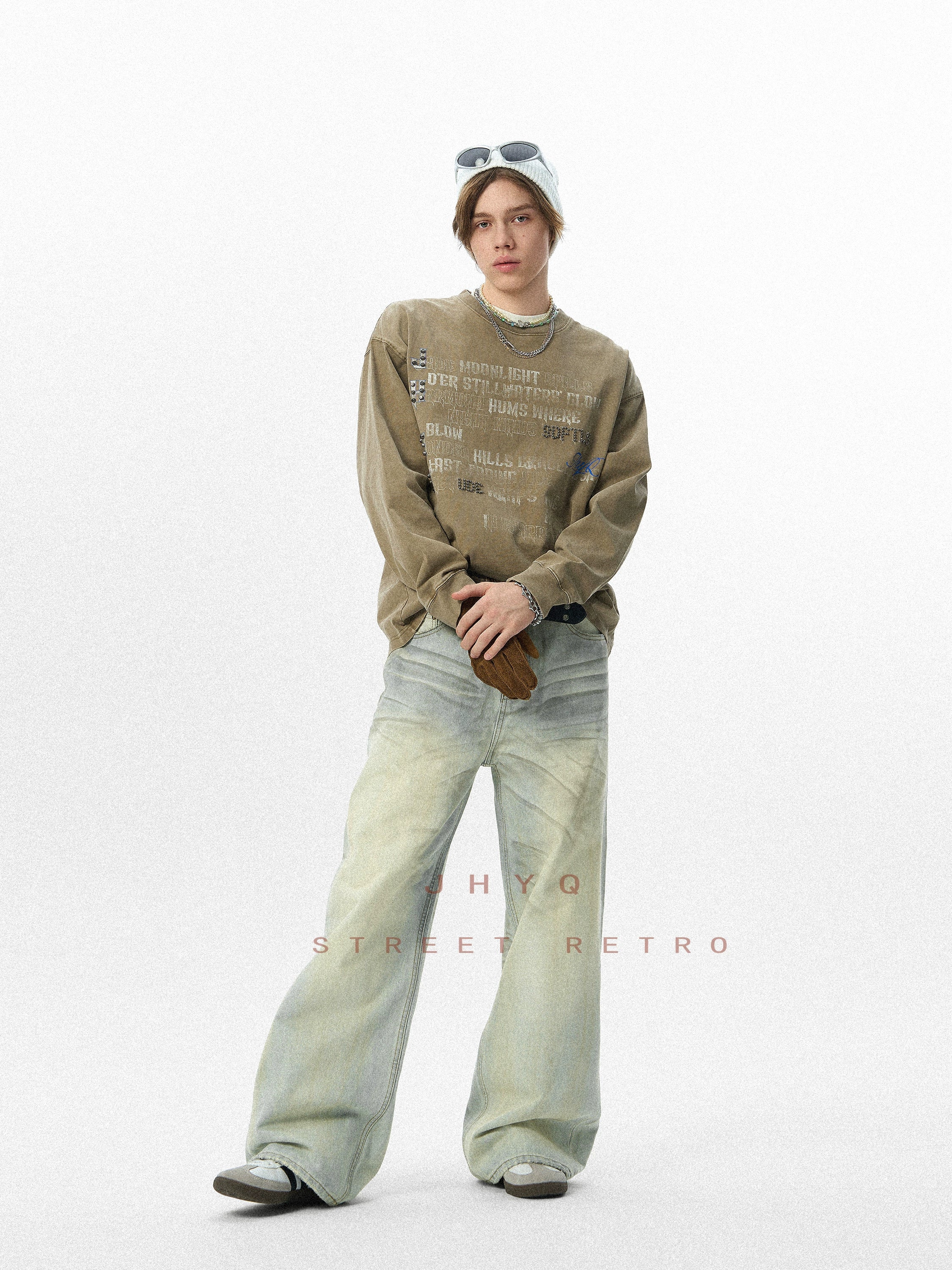 水洗系列丨JHYQ美式字母钉珠320g重磅满印长袖T恤男潮流复古卫衣