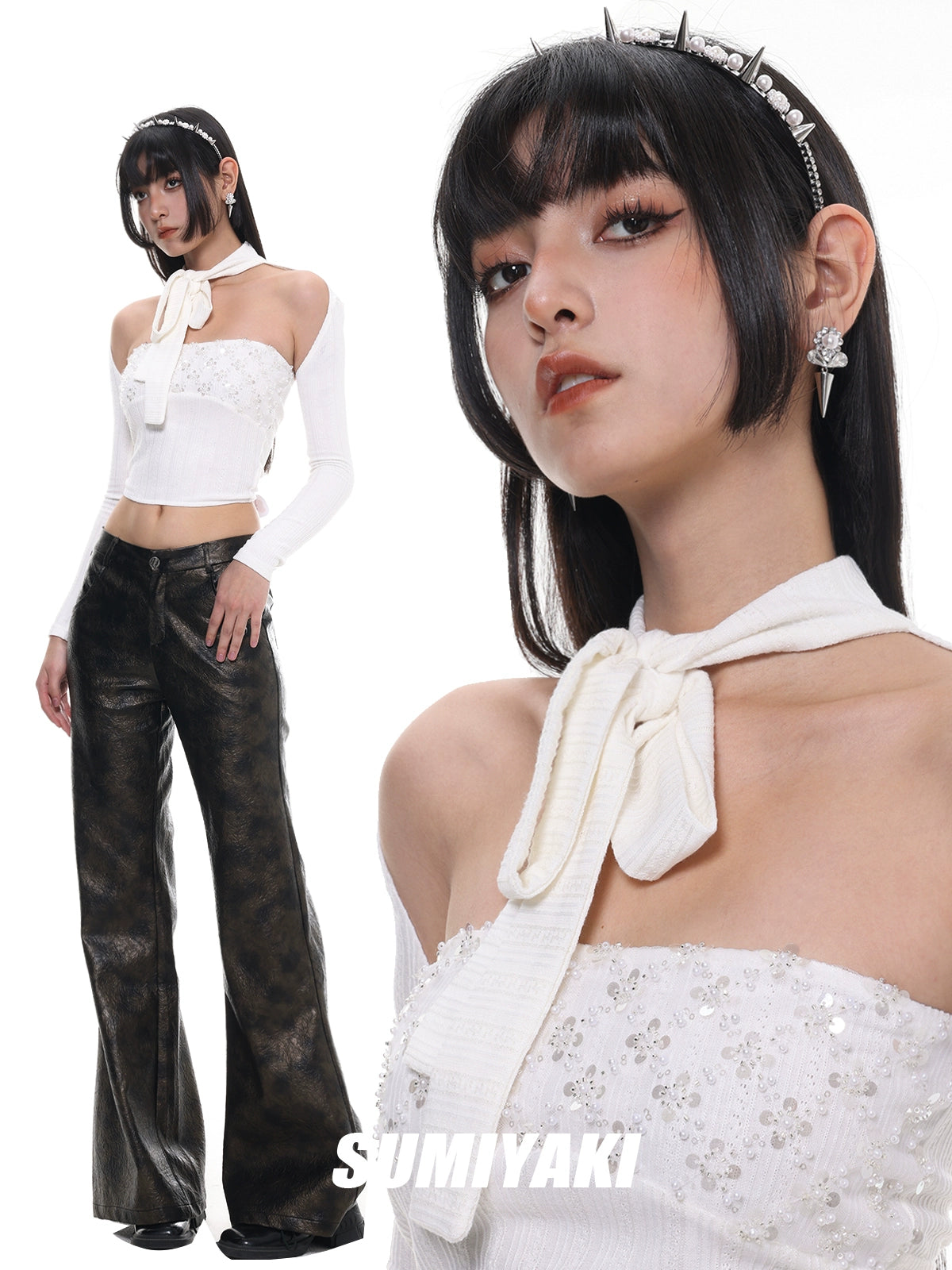 刚柔并济！SUMIYAKI 在逃公主珍珠铆钉发箍朋克学院风小众发饰女