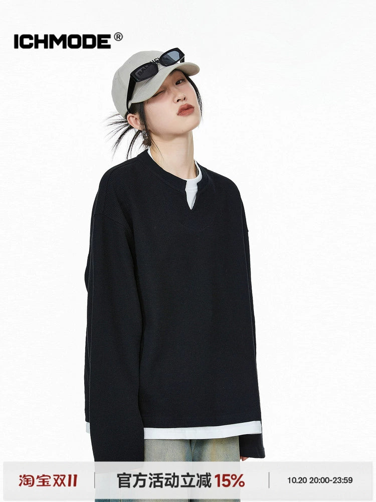 ICH MODE 美式复古假两件华夫格卫衣女秋冬宽松长袖休闲上衣外套