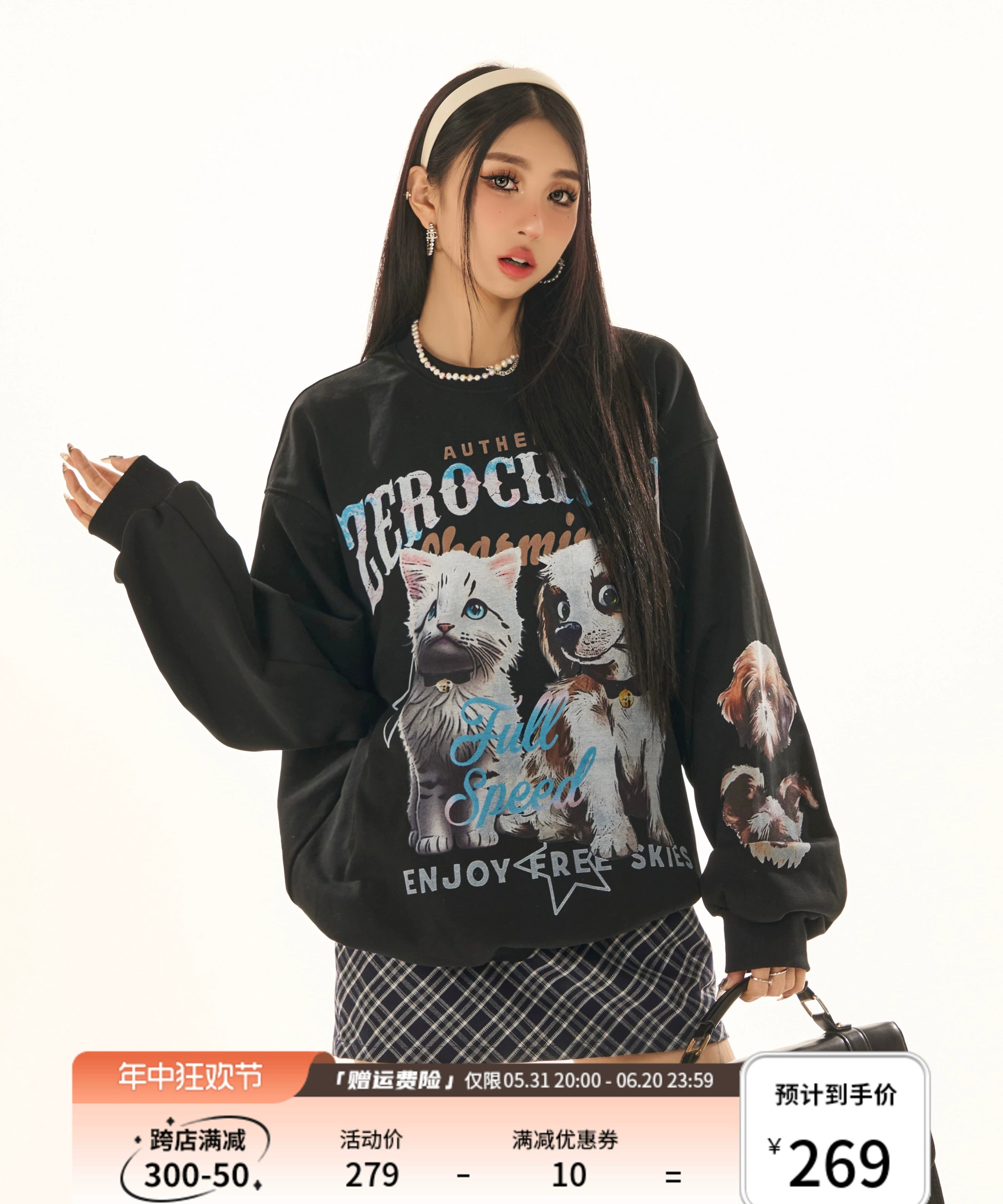 野生zerocircle黑色情侣印花圆领卫衣女春季小众韩版宽松显瘦上衣