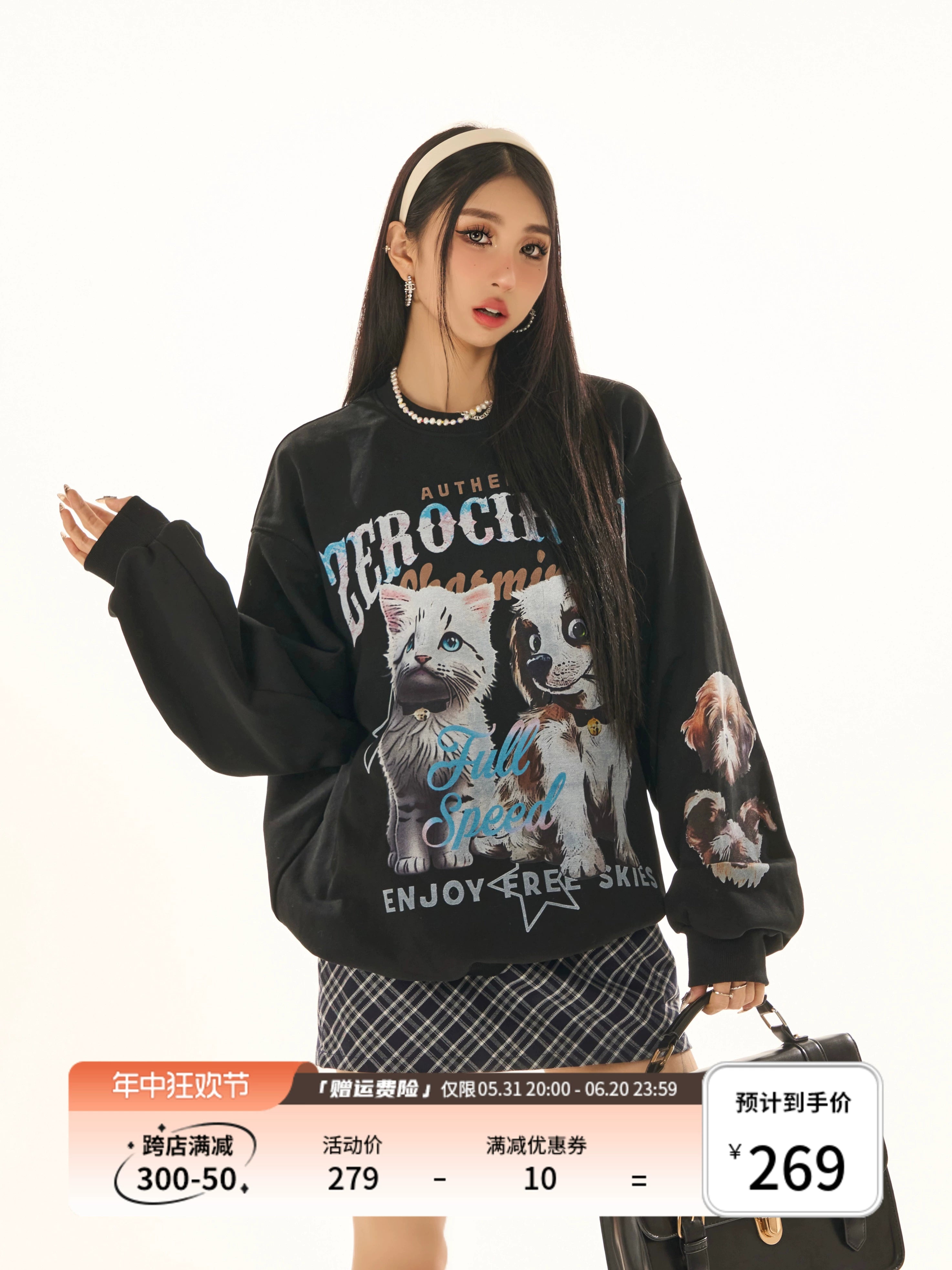 野生zerocircle黑色情侣印花圆领卫衣女春季小众韩版宽松显瘦上衣