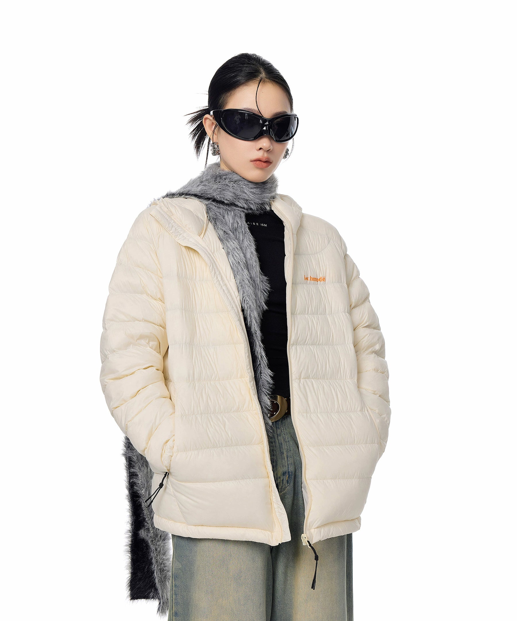 ICH MODE 美式复古90白鸭绒排骨羽绒服女冬季轻薄防寒连帽短外套