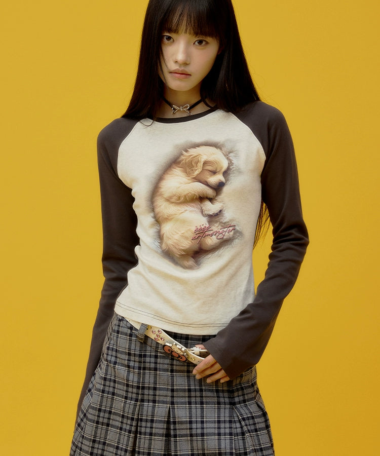 “瞌睡小狗”| eeee温柔风3D打印长袖T恤少女感修身插肩袖打底衫