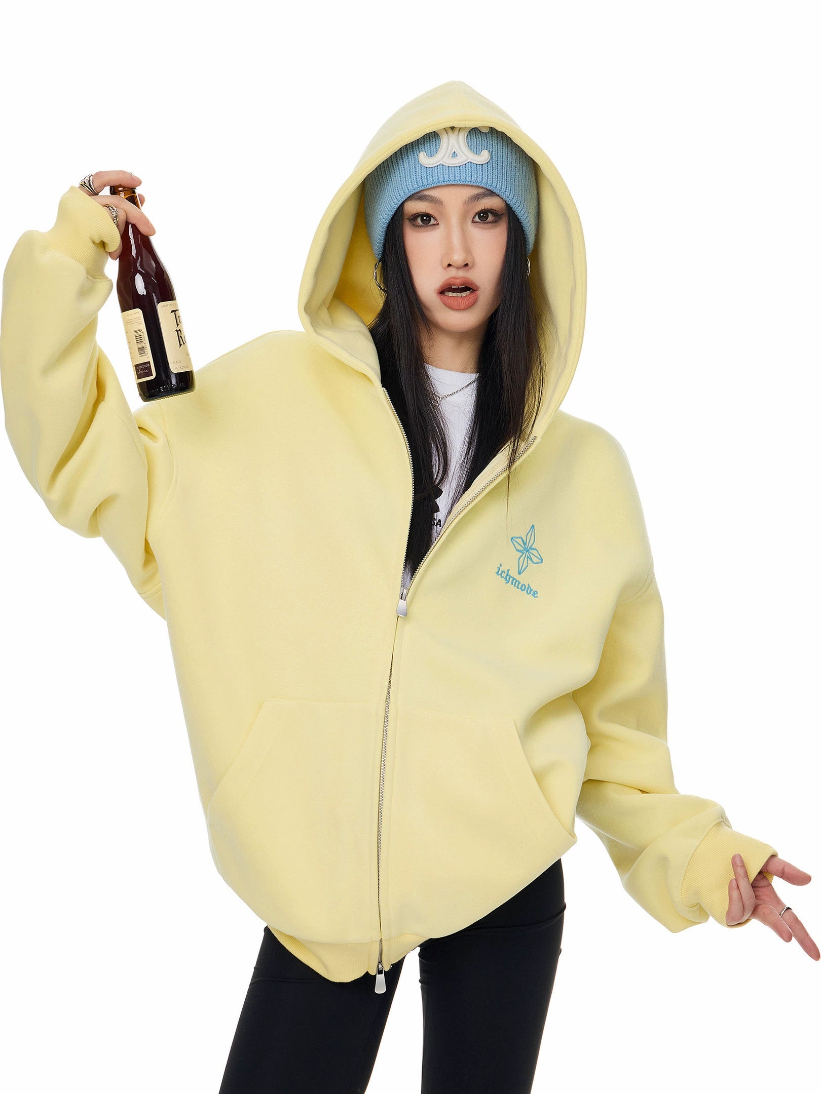 ICH MODE 美式复古哥特十字连帽卫衣外套女秋冬季双拉链开衫上衣