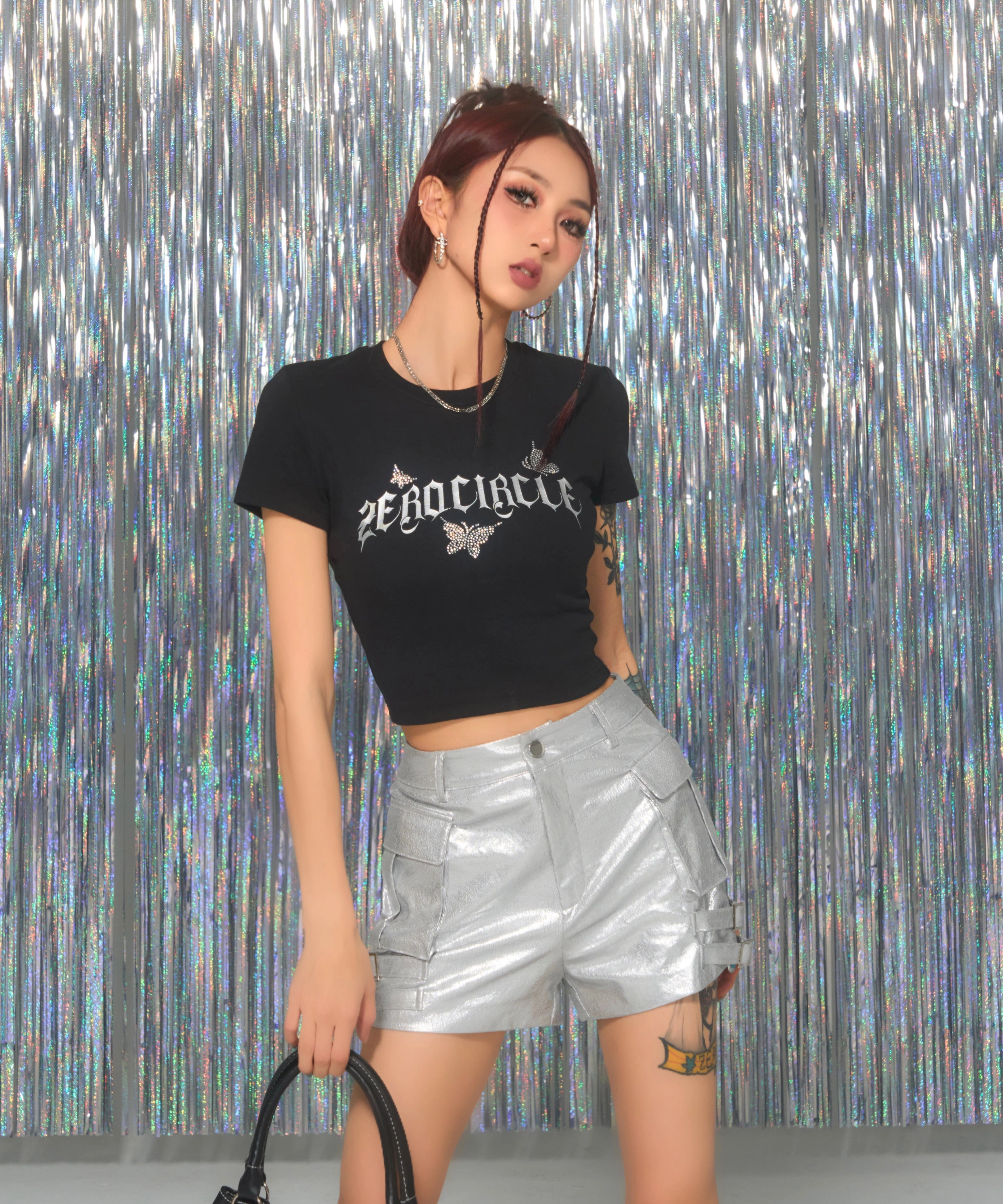 野生zerocircle 黑粉色烫钻正肩短袖t恤女夏辣妹修身显瘦短款上衣