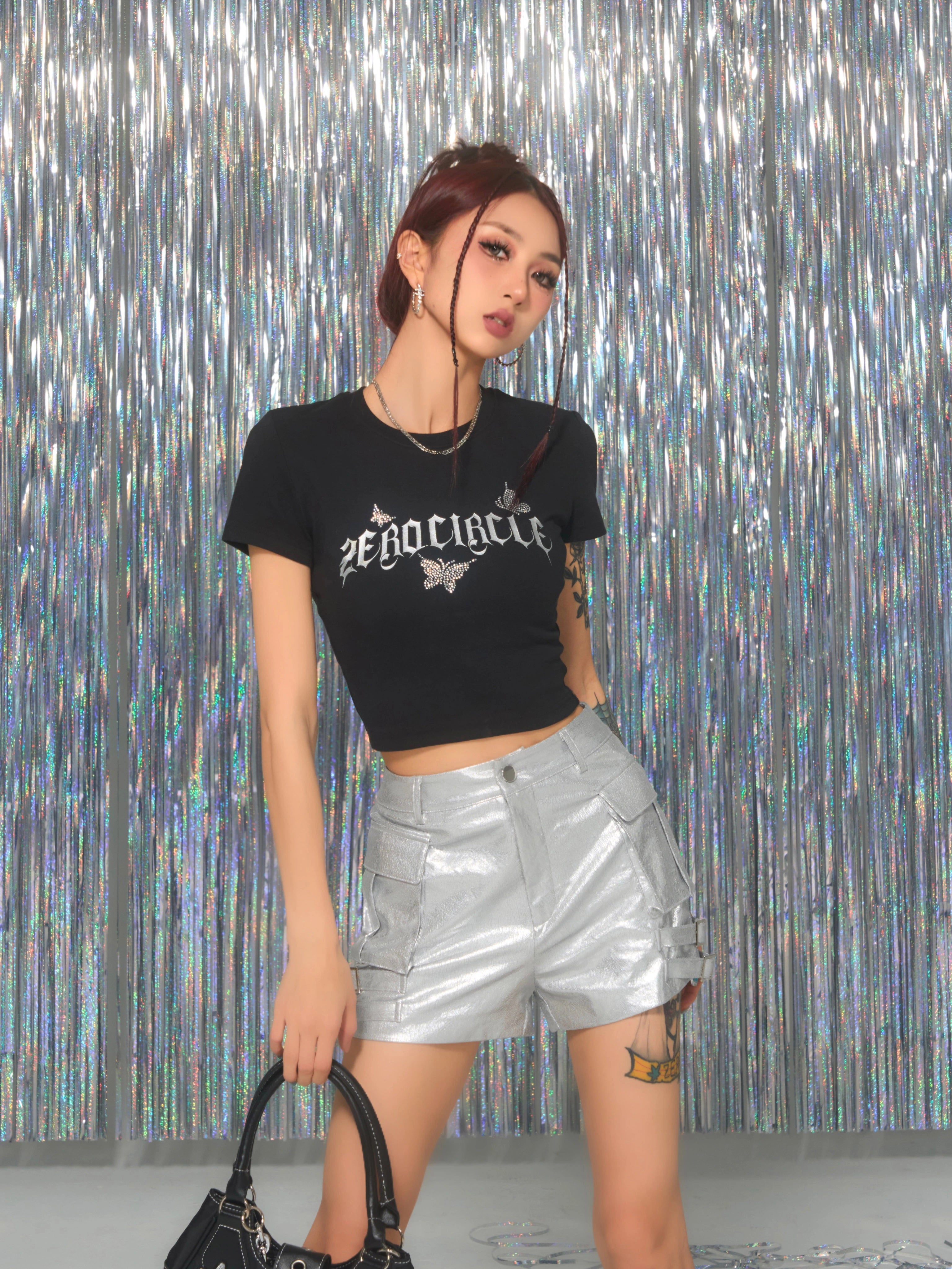 野生zerocircle 黑粉色烫钻正肩短袖t恤女夏辣妹修身显瘦短款上衣