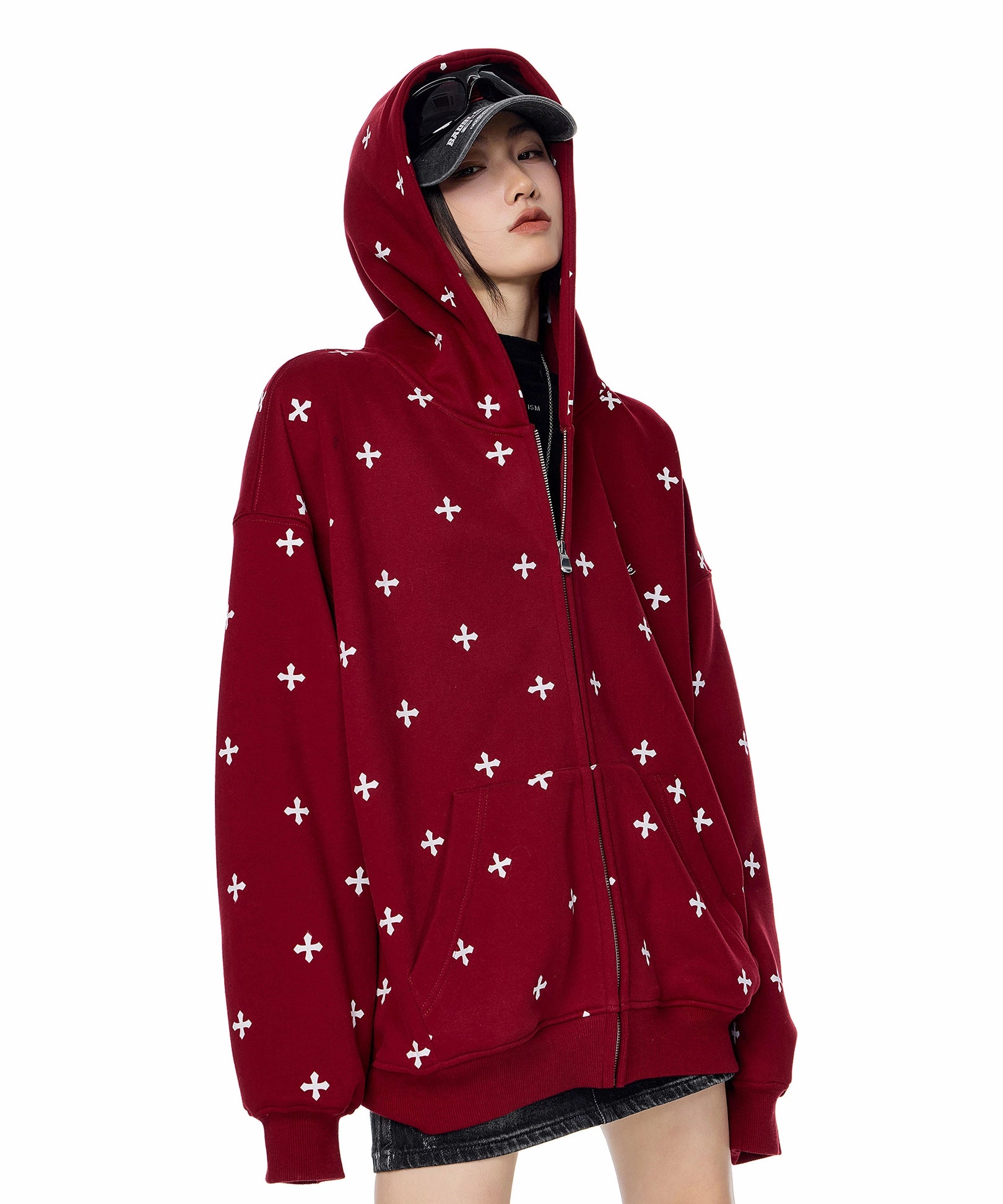 ICH MODE 美式哥特风十字架满印连帽卫衣外套女秋冬拉链开衫上衣