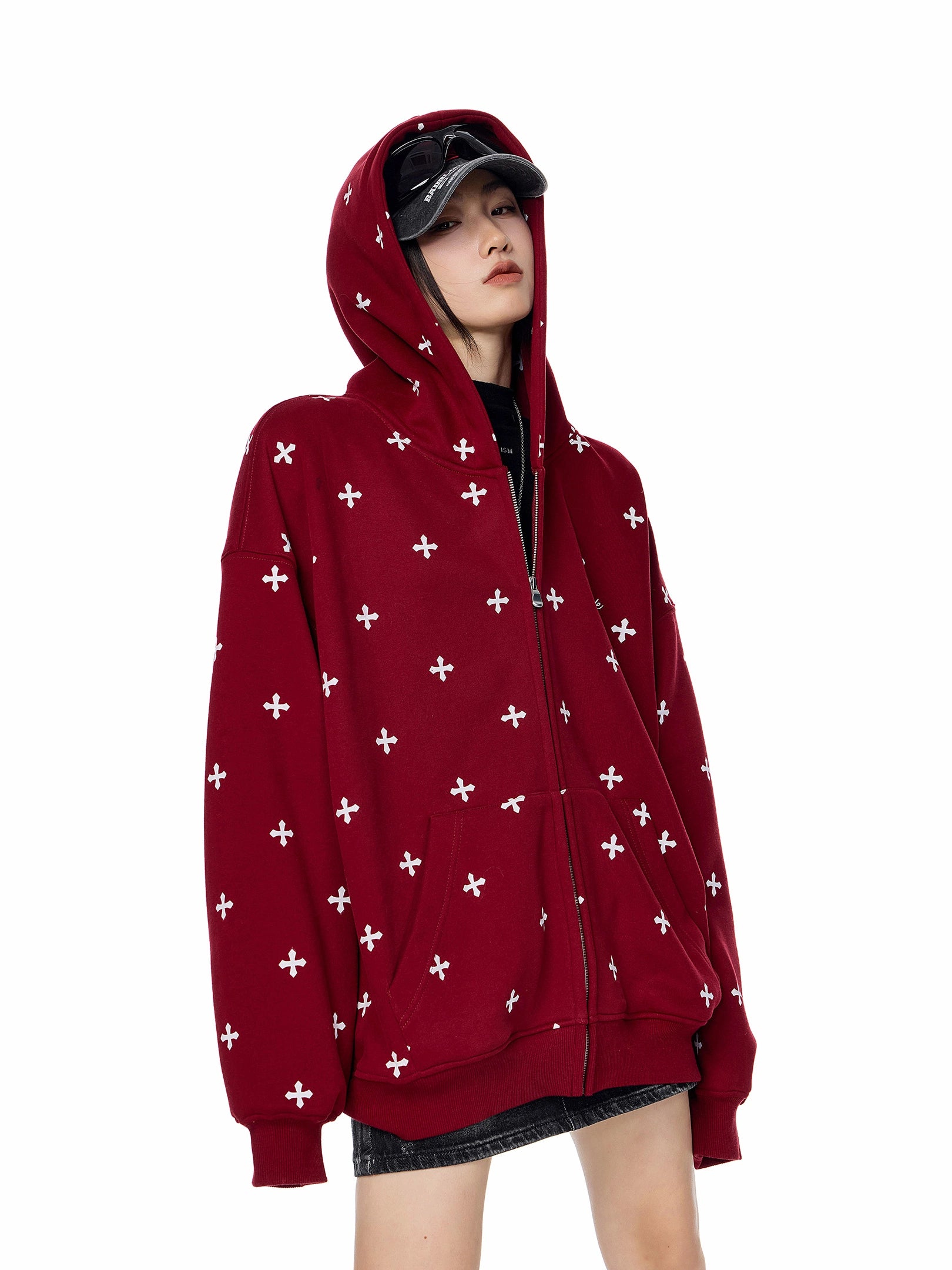 ICH MODE 美式哥特风十字架满印连帽卫衣外套女秋冬拉链开衫上衣