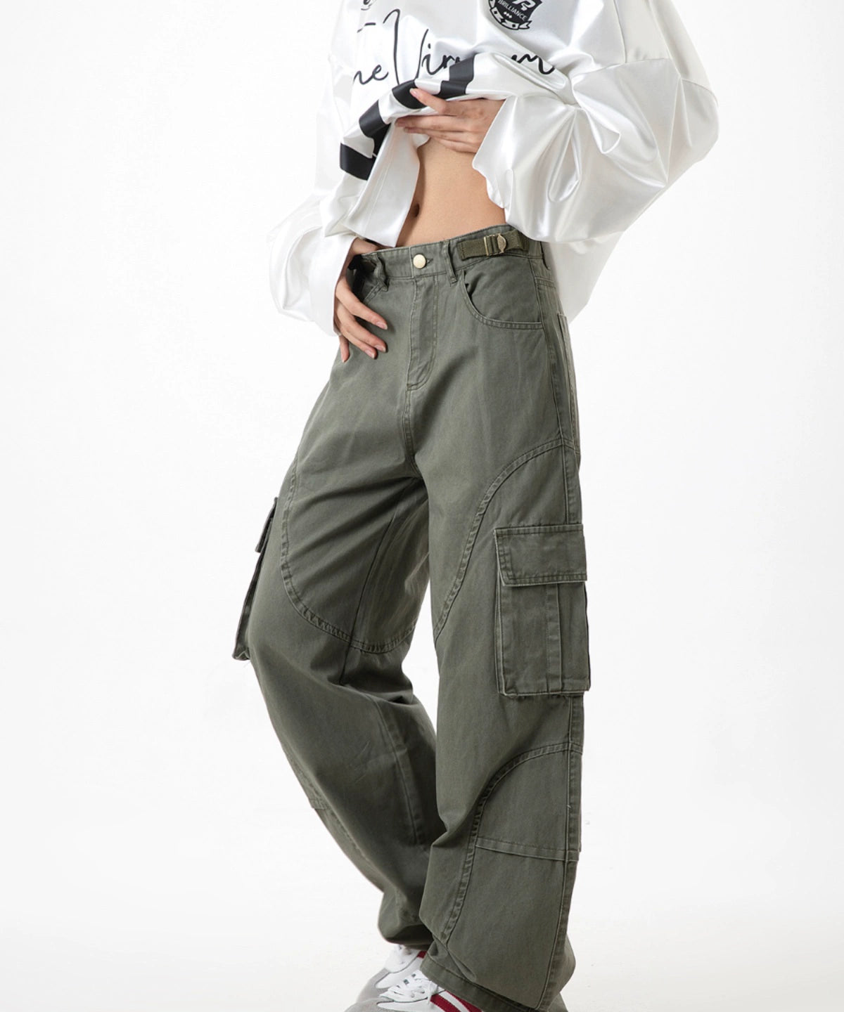 ICH MODE 美式复古口袋工装裤女宽松直筒阔腿运动休闲裤2025新款