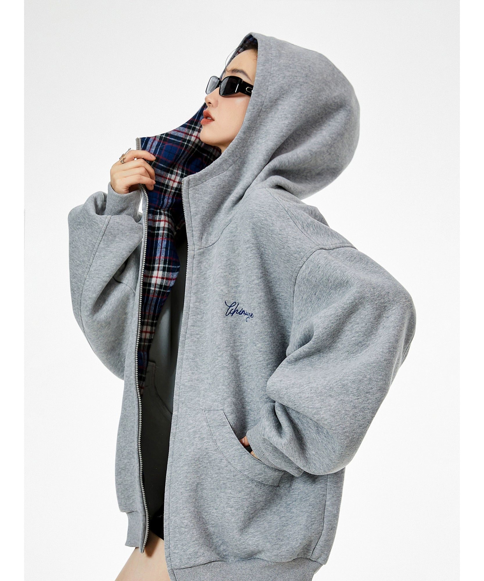 ICH MODE 明星同款 美式格子拼接卫衣外套女秋冬季运动开衫上衣