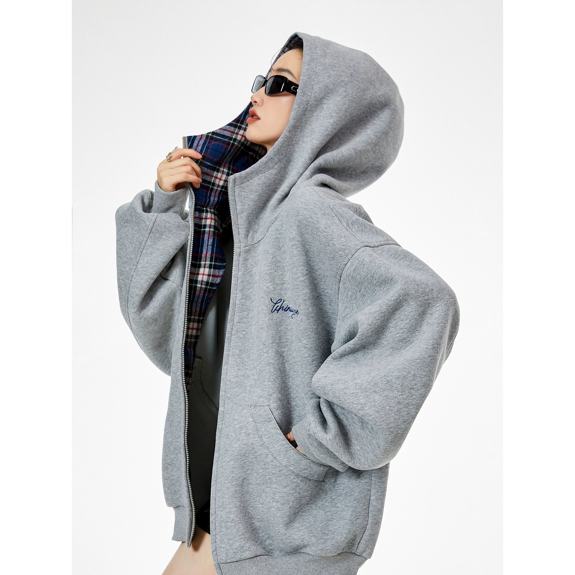 ICH MODE 明星同款 美式格子拼接卫衣外套女秋冬季运动开衫上衣