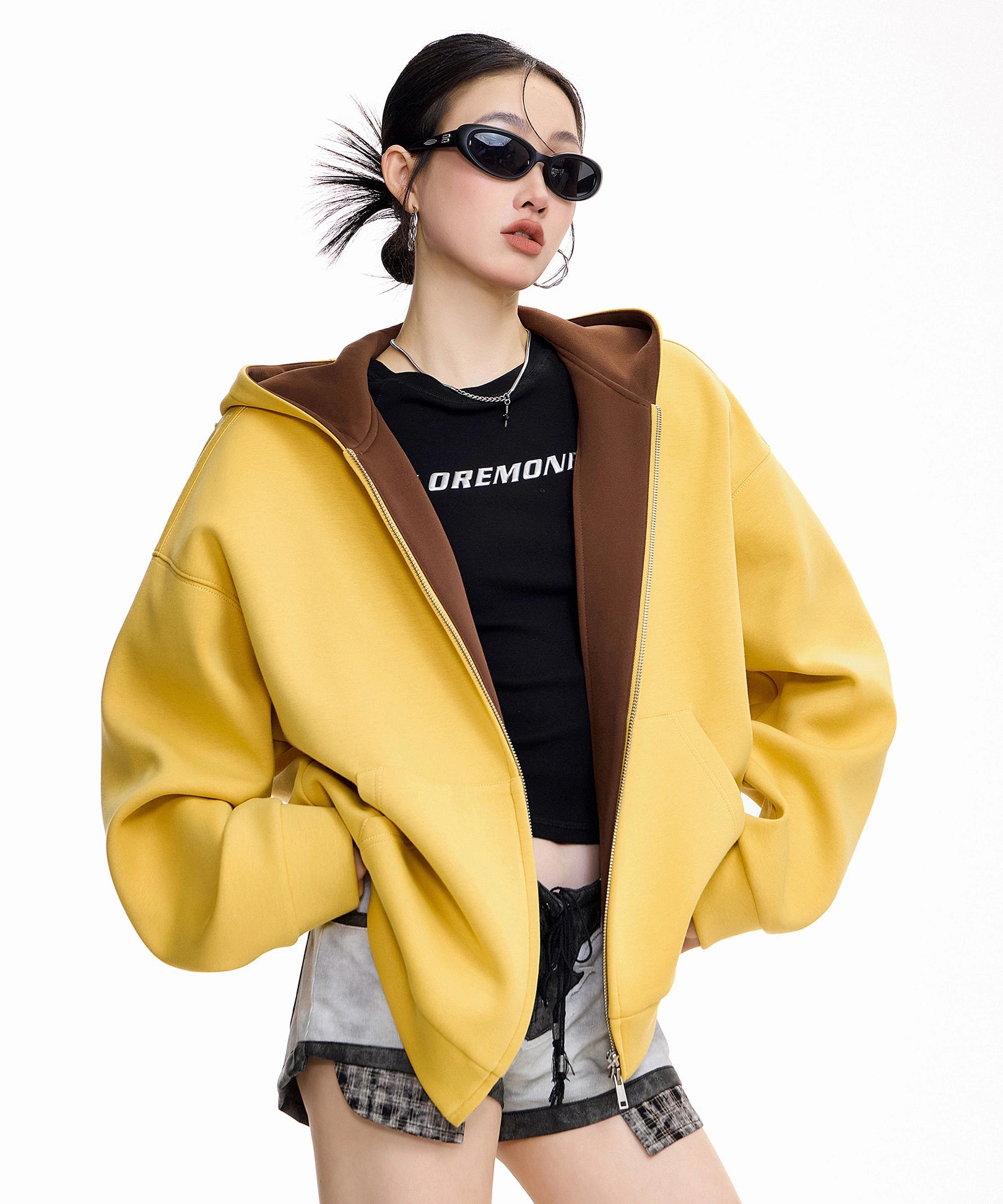 ICH MODE 美式复古开衫卫衣外套女2025新款秋冬宽松撞色连帽上衣