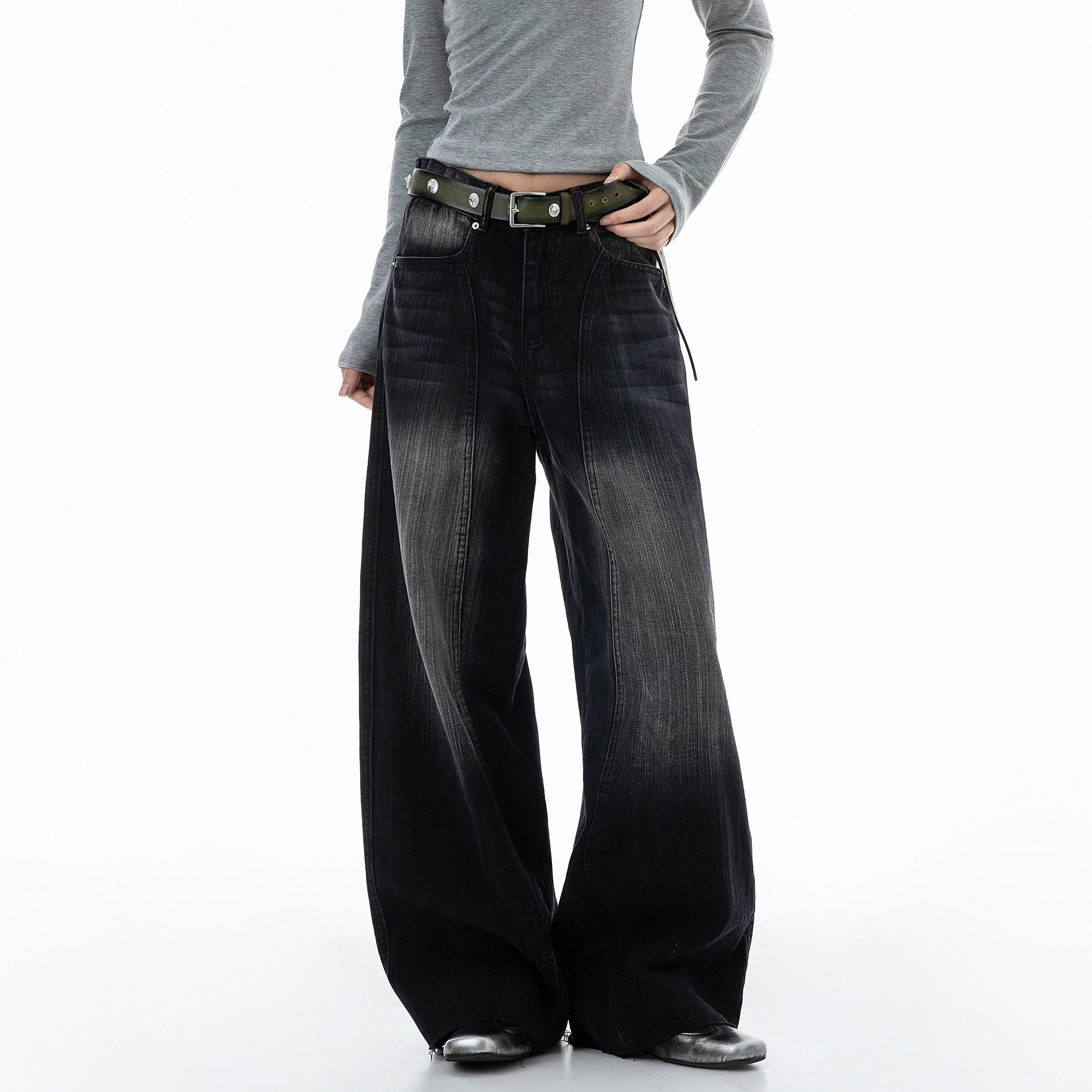 ICH MODE 美式复古水洗牛仔裤女秋冬宽松直筒裤弯刀裤休闲阔腿裤