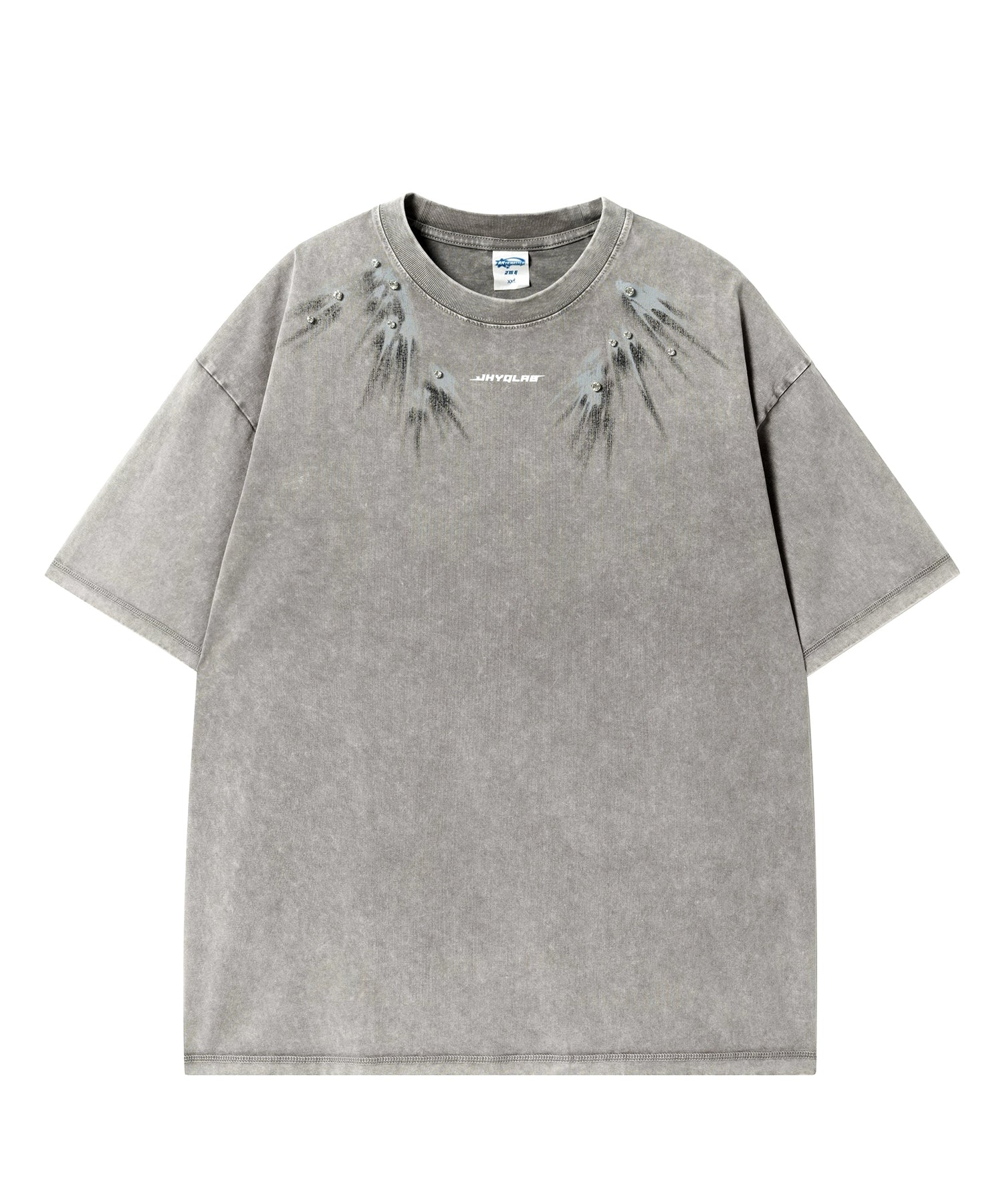 【燕尾】JHYQ美式水洗做旧印花镶钻短袖T恤男宽松重磅圆领上衣夏