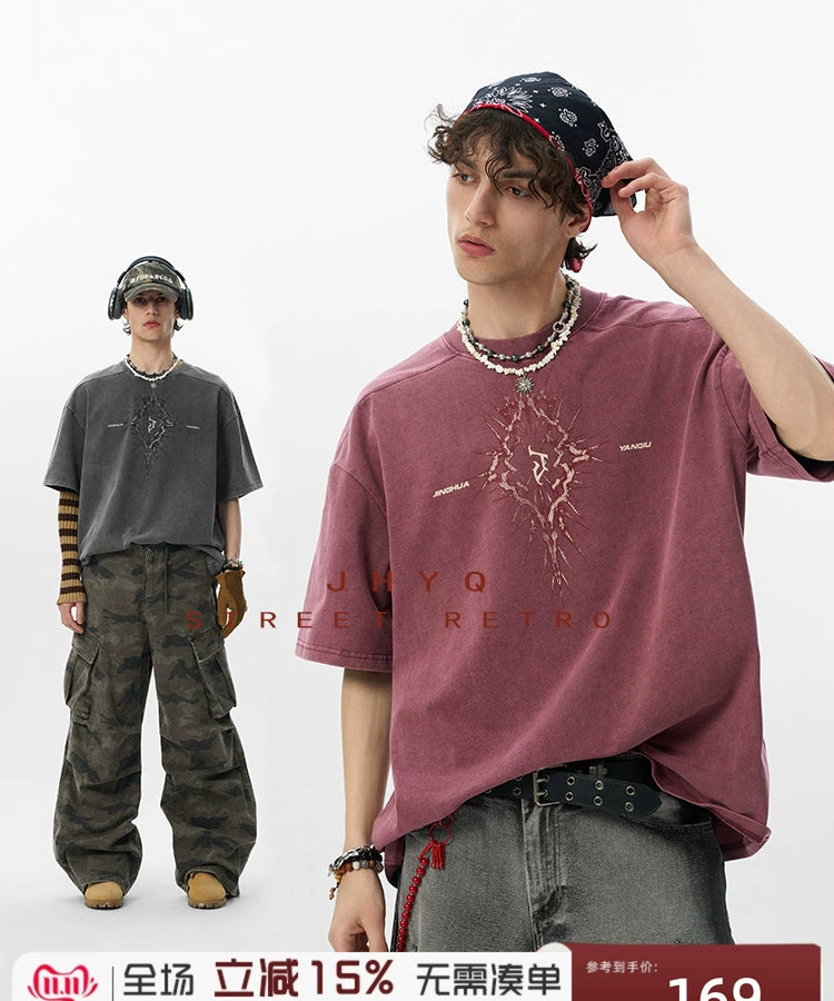 【荆棘系列】JHYQ275g复古水洗做旧圆领短袖t恤男美式宽松潮上衣