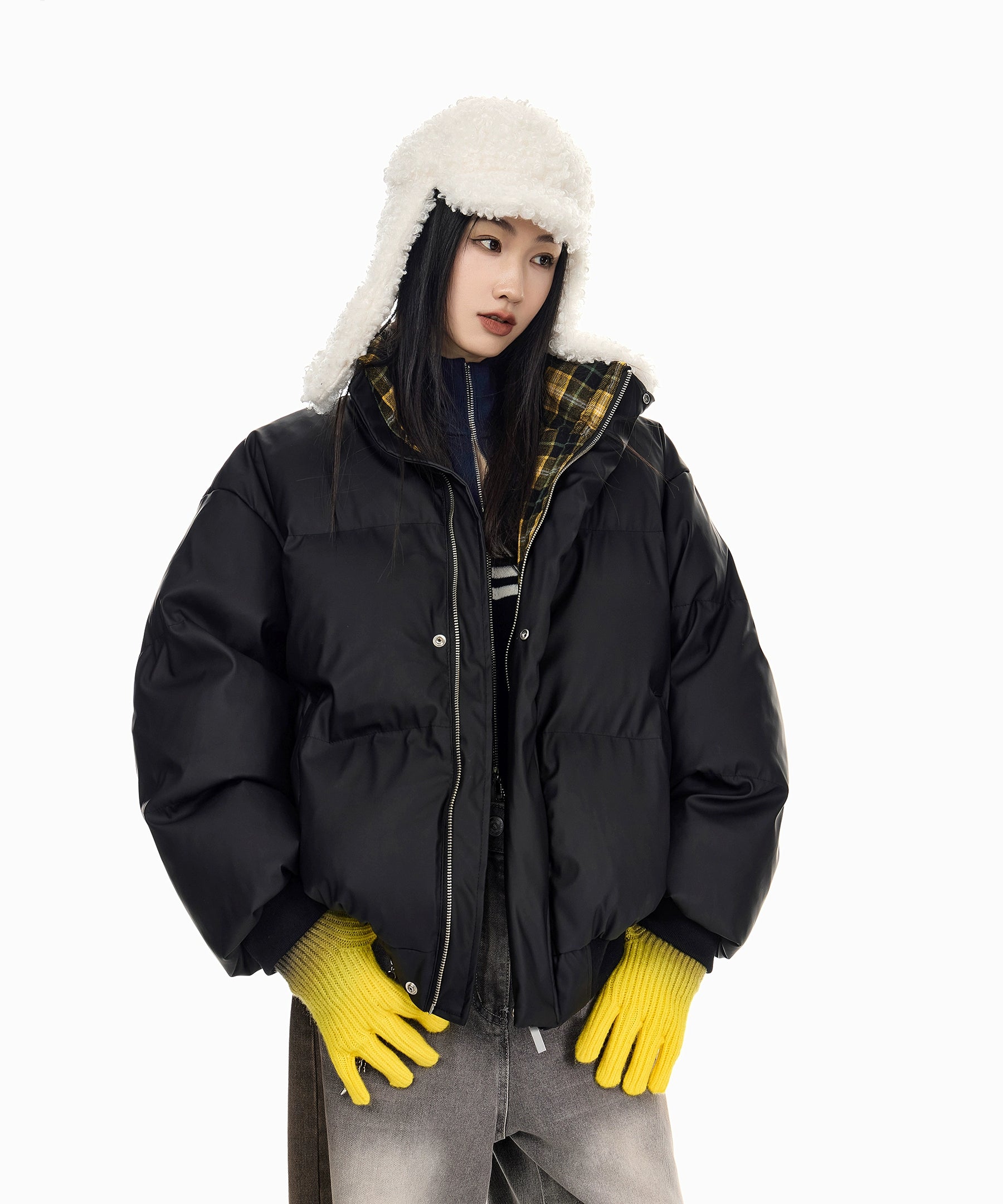 ICH MODE 美式复古格子拼接棉服女秋冬季保暖防寒面包服棉衣外套