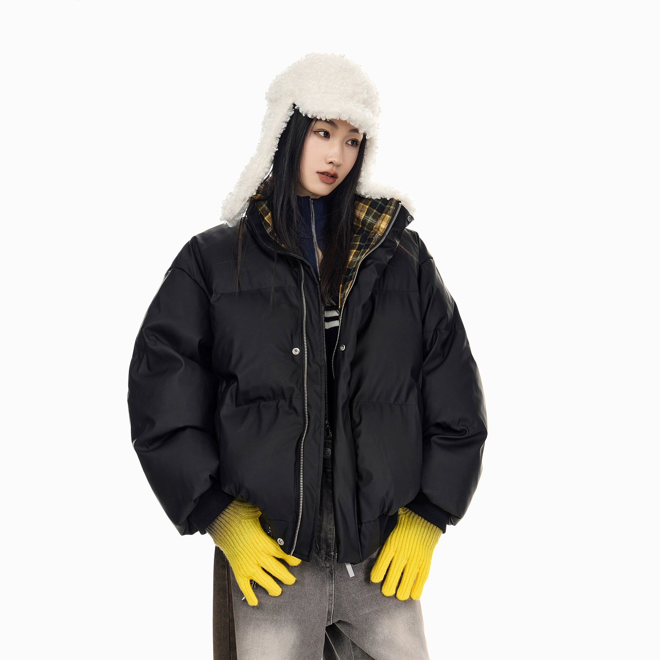 ICH MODE 美式复古格子拼接棉服女秋冬季保暖防寒面包服棉衣外套