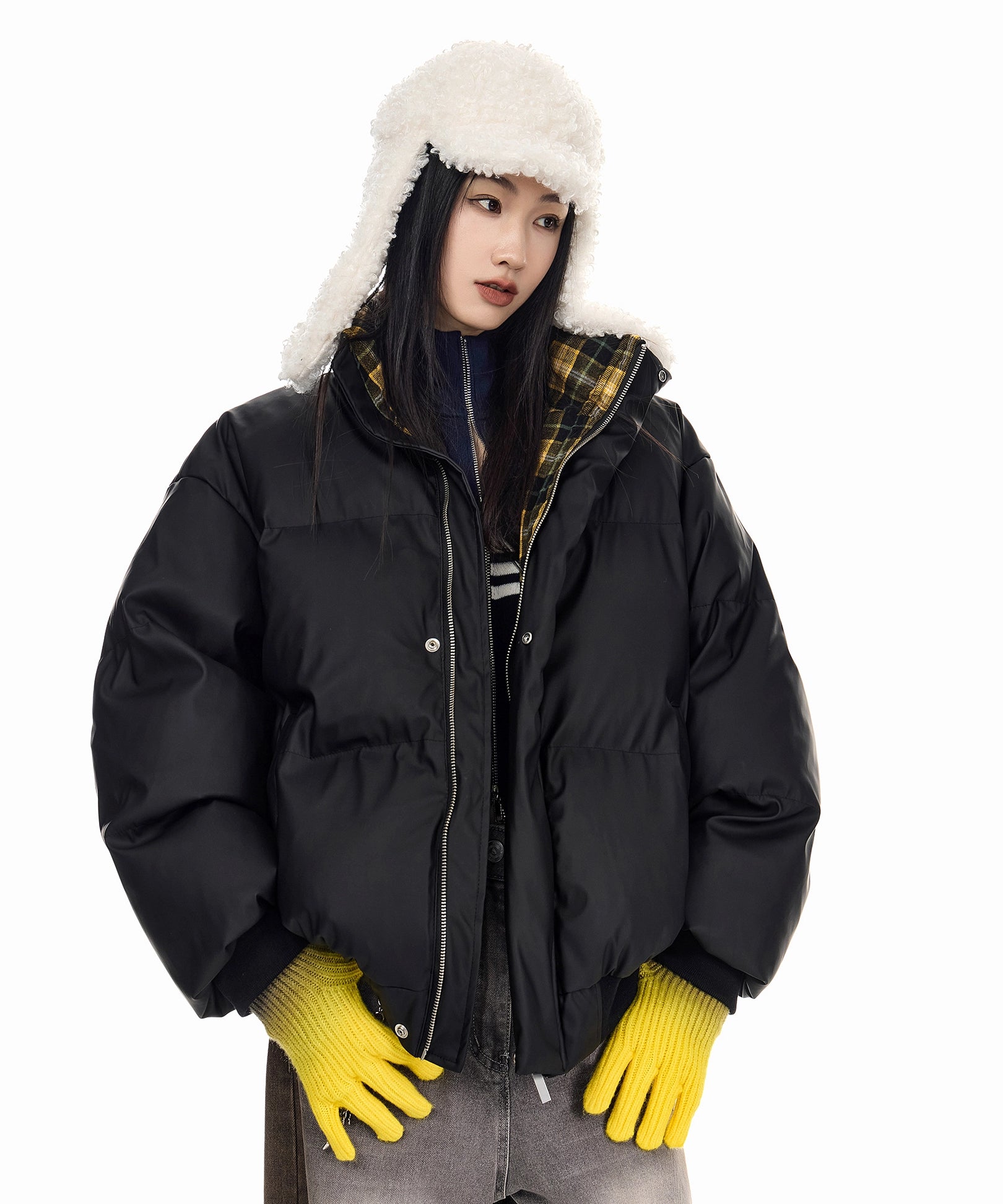 ICH MODE 美式复古格子拼接棉服女秋冬季保暖防寒面包服棉衣外套