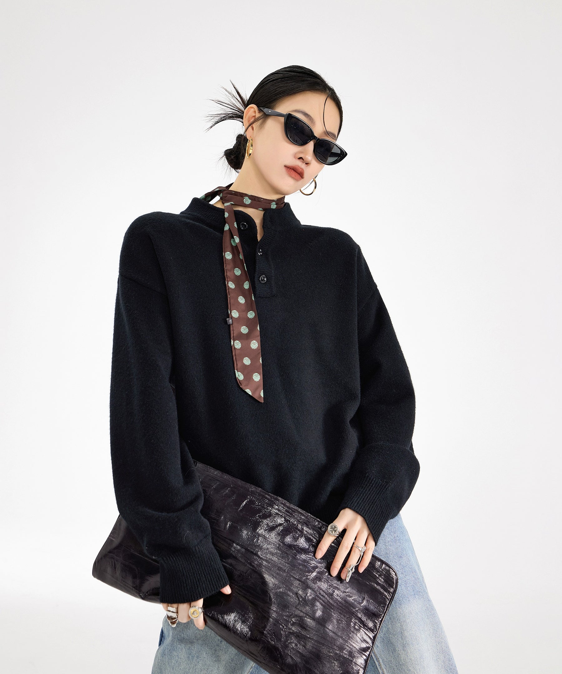 ICH MODE 美式复古亨利领毛衣女秋冬季宽松针织衫慵懒套头毛线衣