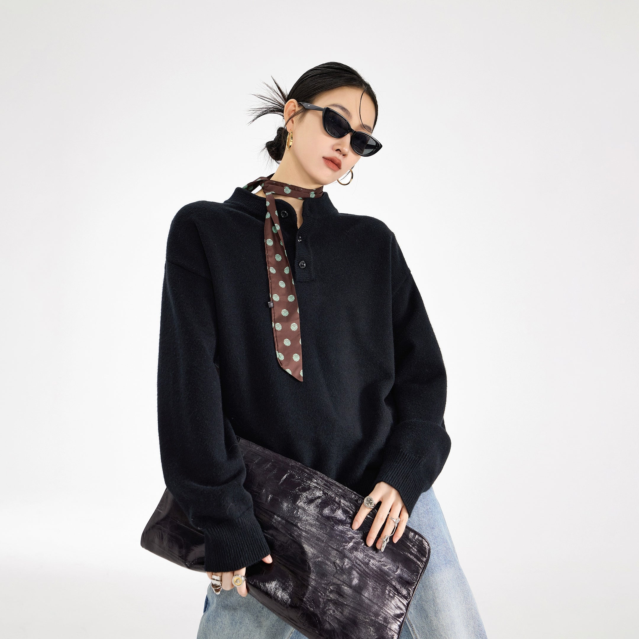 ICH MODE 美式复古亨利领毛衣女秋冬季宽松针织衫慵懒套头毛线衣