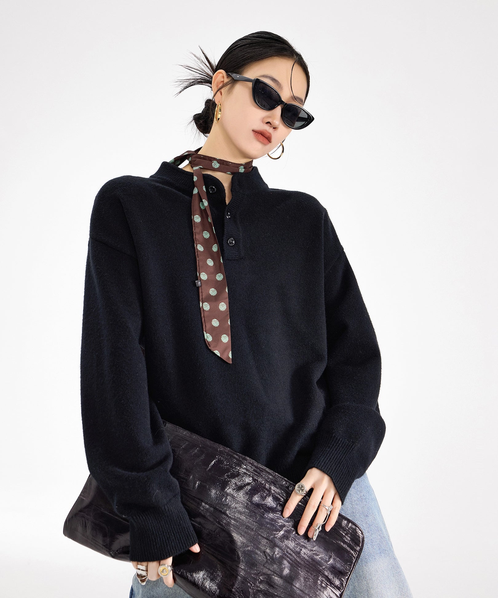 ICH MODE 美式复古亨利领毛衣女秋冬季宽松针织衫慵懒套头毛线衣