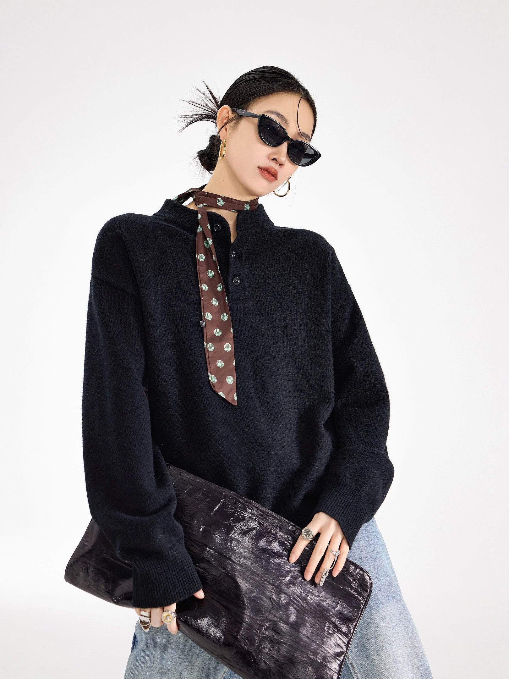 ICH MODE 美式复古亨利领毛衣女秋冬季宽松针织衫慵懒套头毛线衣