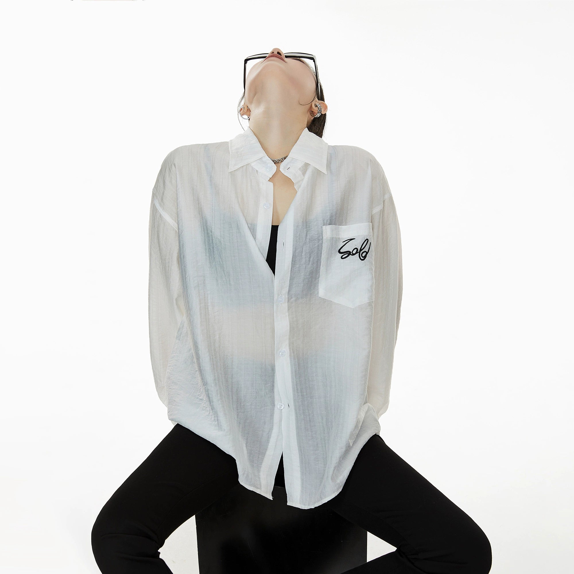 ICH MODE 美式复古刺绣长袖衬衫女夏轻薄物理防晒莱赛尔衬衣外套