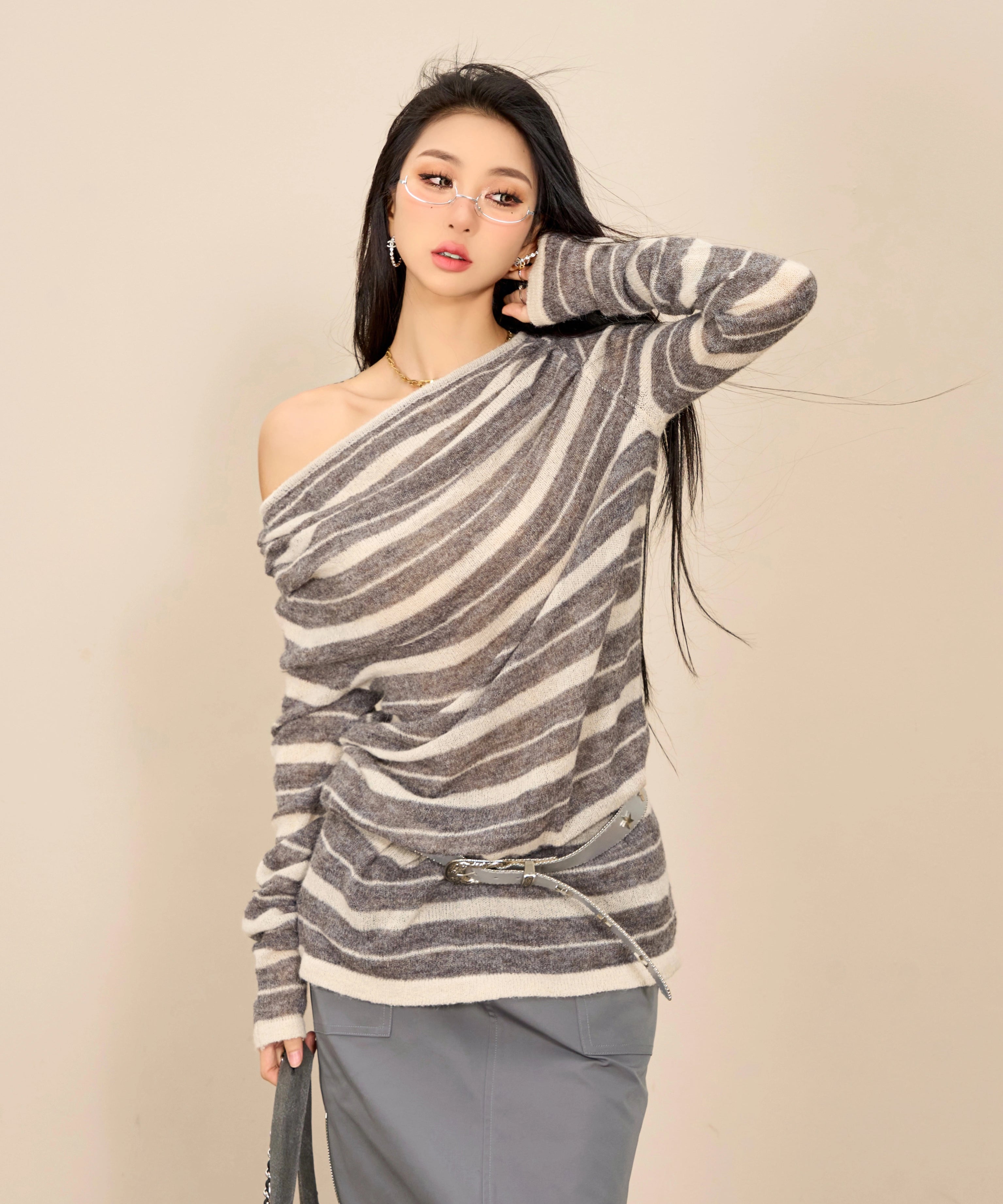 野生zerocircle条纹长袖针织衫女春季韩版宽松显瘦中长款荡领上衣