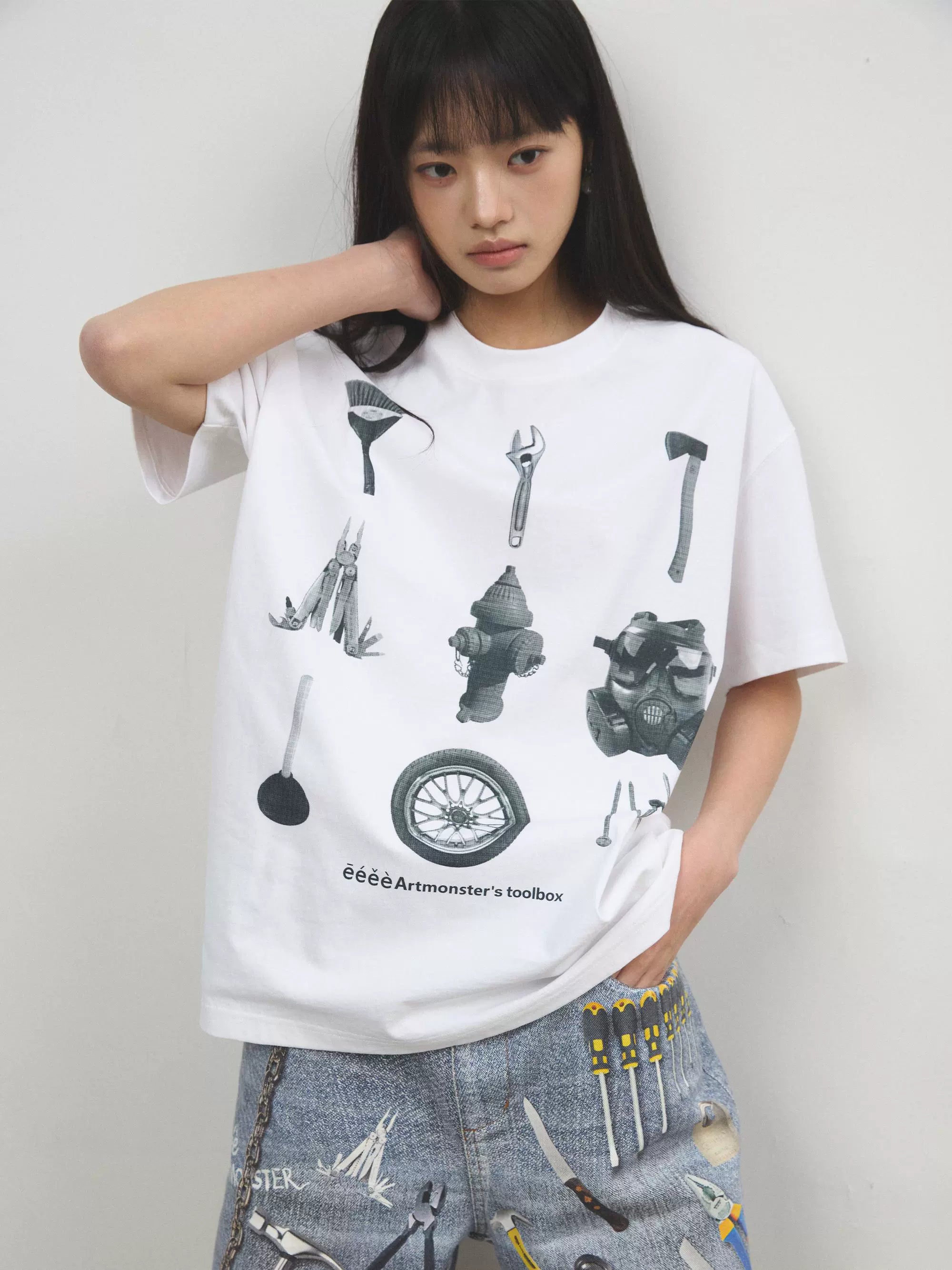 “百宝箱”| eeee复古五金工具箱印花短袖黑白艺术创意T恤宽松夏