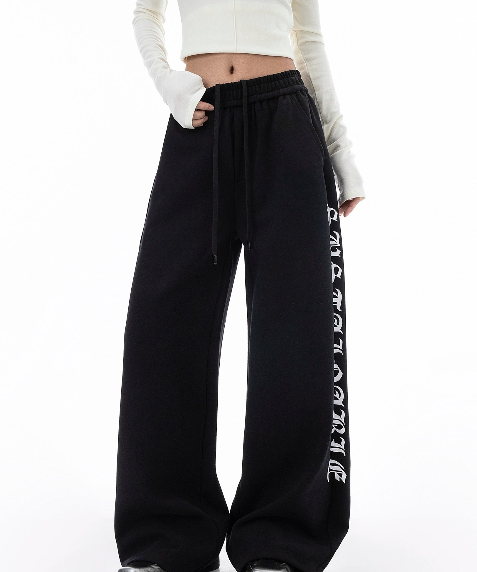 ICH MODE 美式复古印花休闲裤女宽松直筒裤子百搭阔腿运动裤卫裤