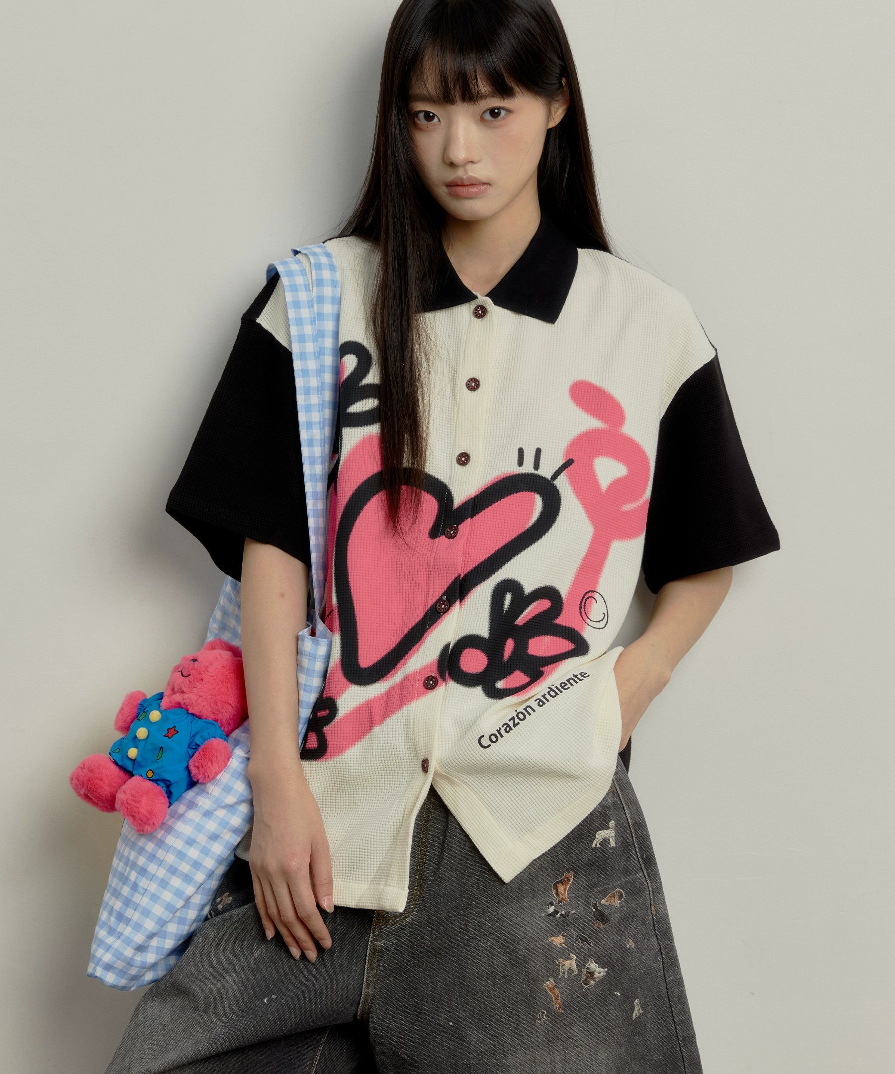 “花语”| eeee小众设计感趣味涂鸦短袖衬衫黑白撞色华夫格衬衣夏