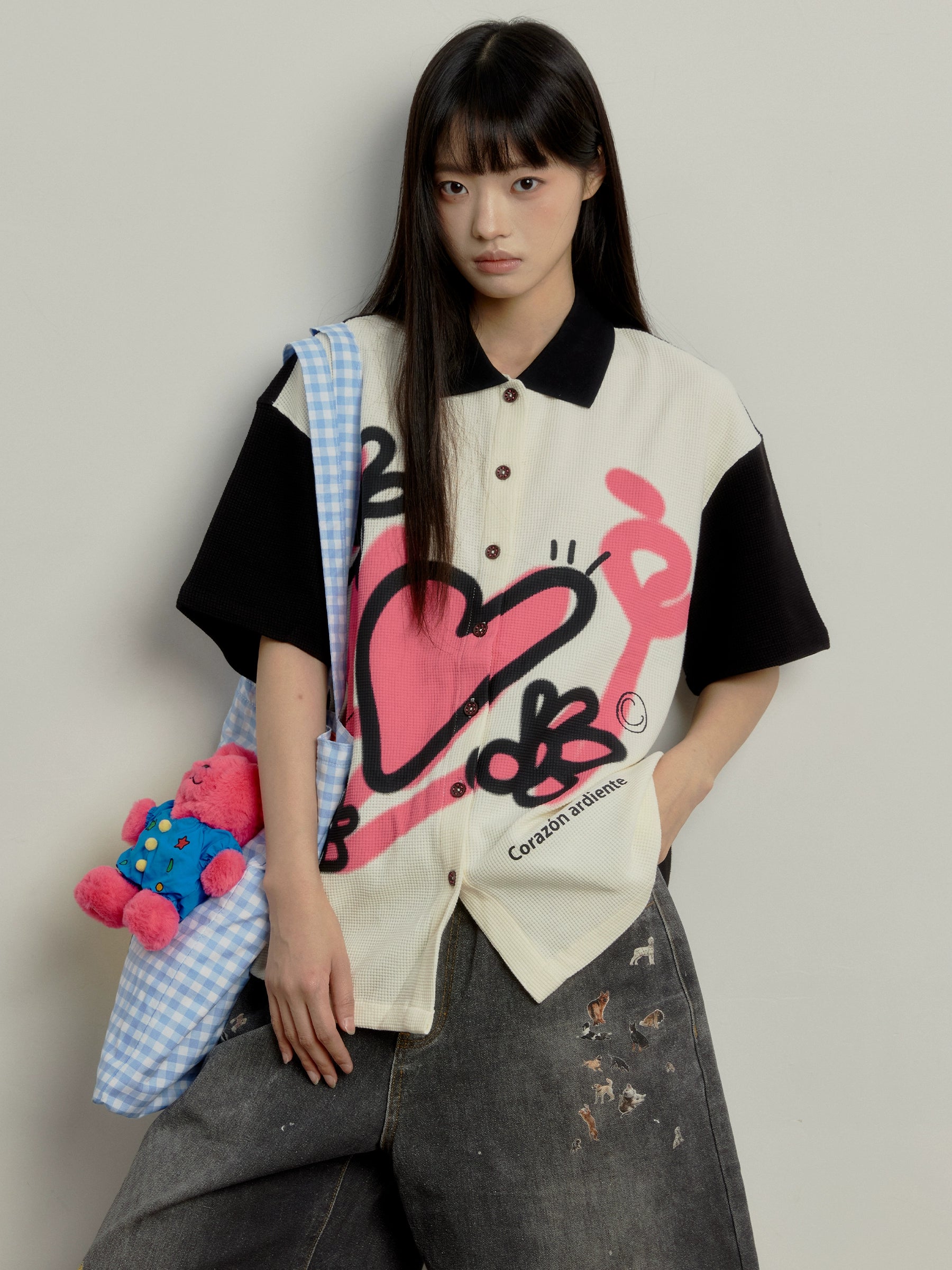 “花语”| eeee小众设计感趣味涂鸦短袖衬衫黑白撞色华夫格衬衣夏