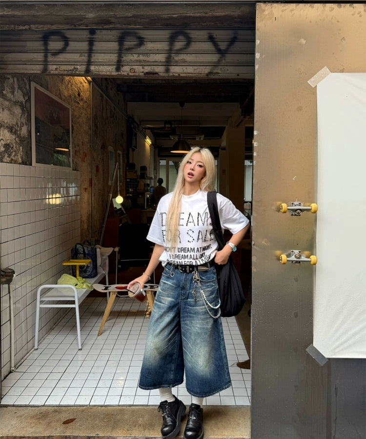 邓为明星同款宽松廓形水洗复古做旧七分牛仔短裤TERRAINCOGNITA