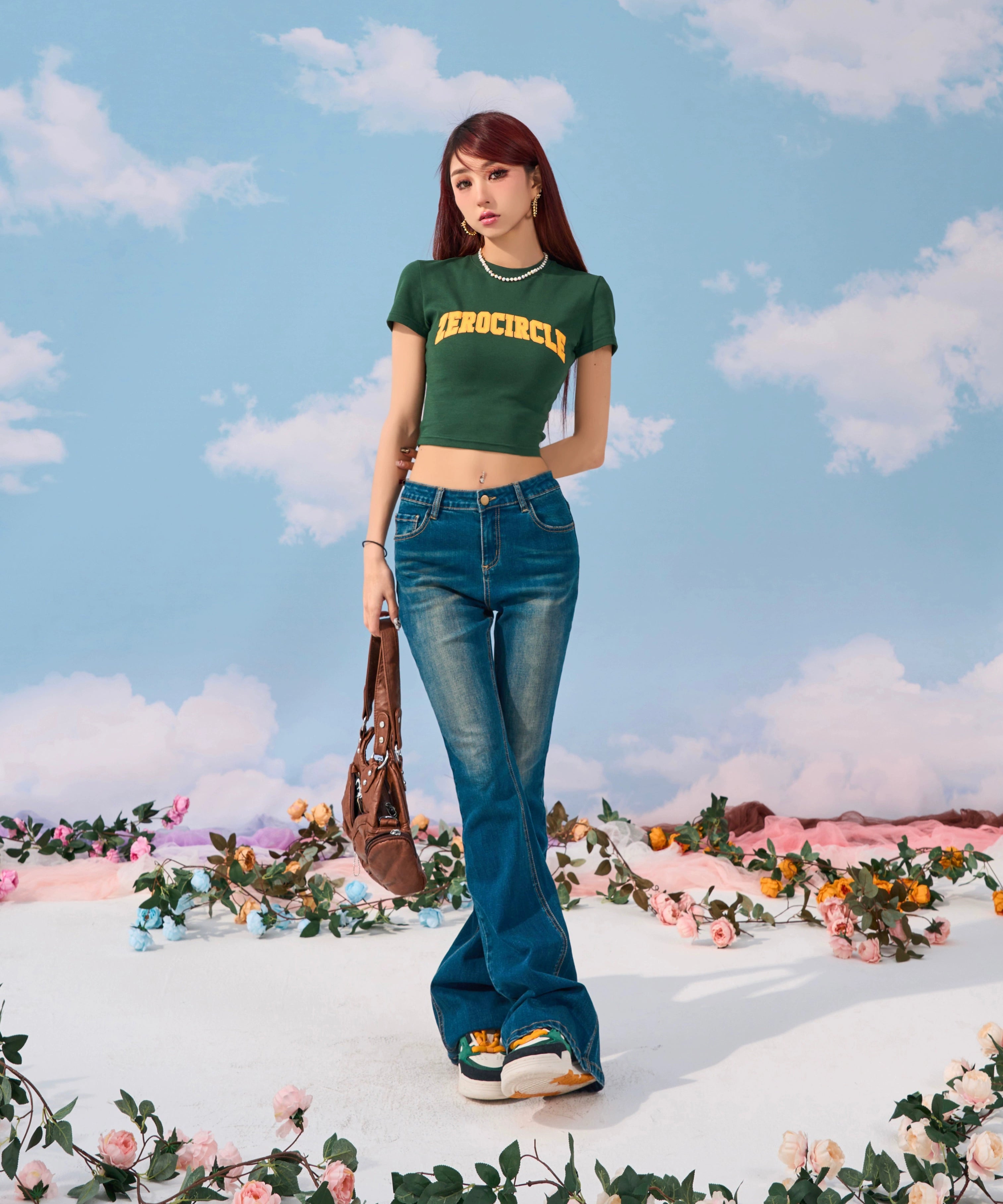 野生zerocircle军绿棕色短袖t恤女夏abg辣妹修身显瘦正肩短款上衣