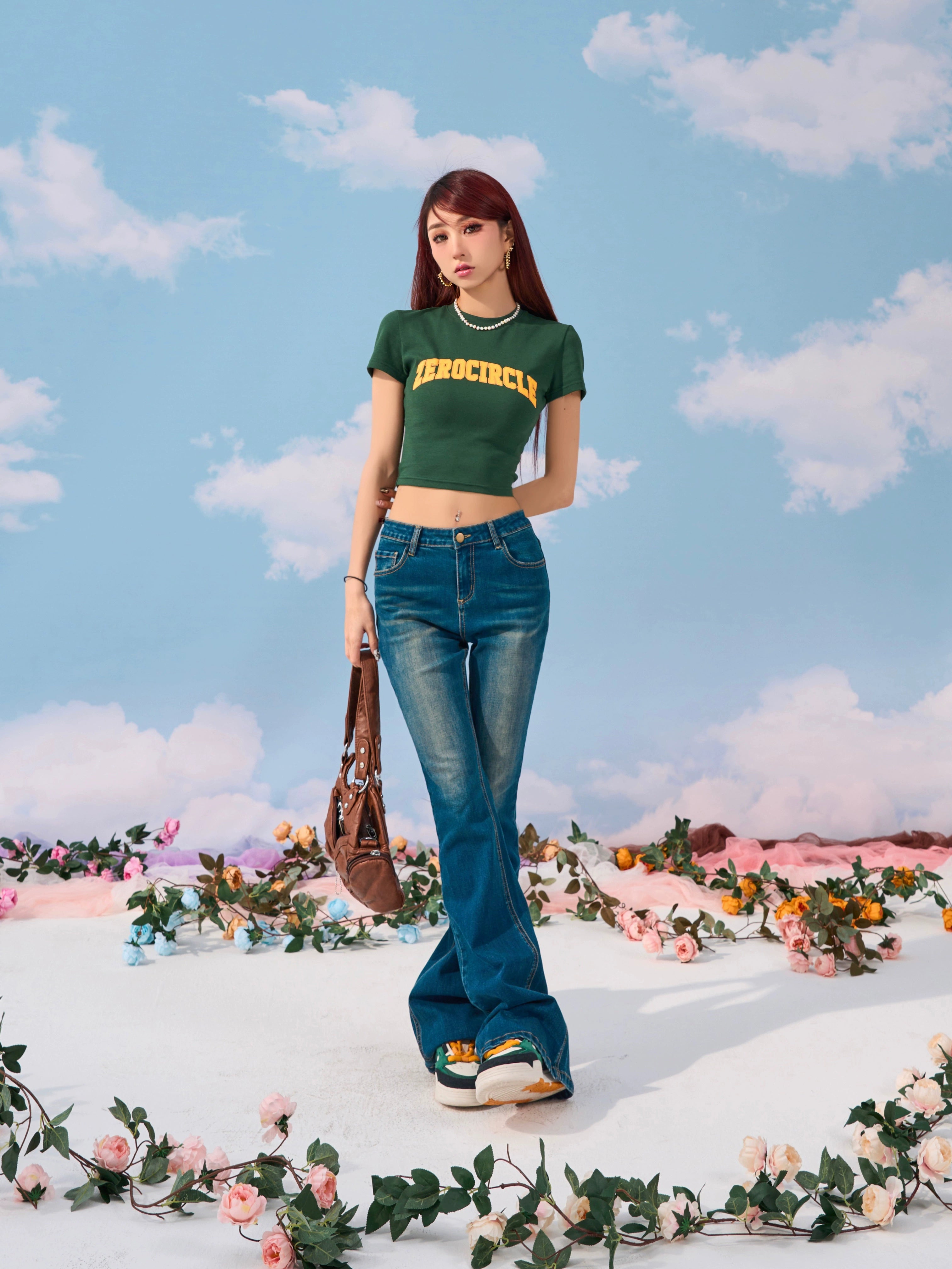 野生zerocircle军绿棕色短袖t恤女夏abg辣妹修身显瘦正肩短款上衣