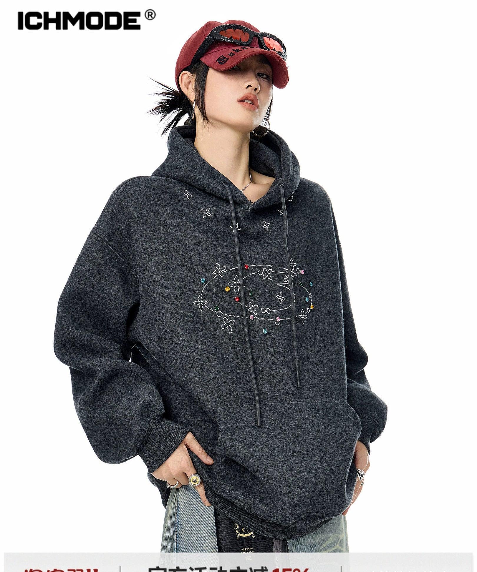 ICH MODE 美式复古烫钻连帽卫衣女2025秋冬新款运动休闲长袖上衣