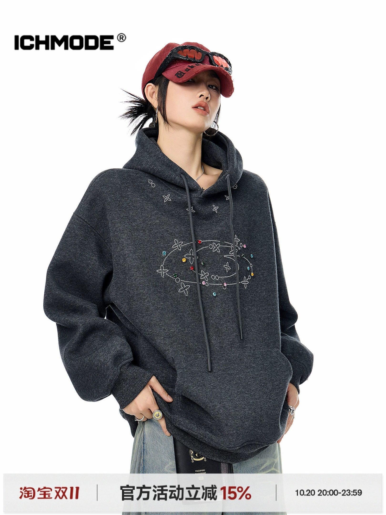 ICH MODE 美式复古烫钻连帽卫衣女2025秋冬新款运动休闲长袖上衣