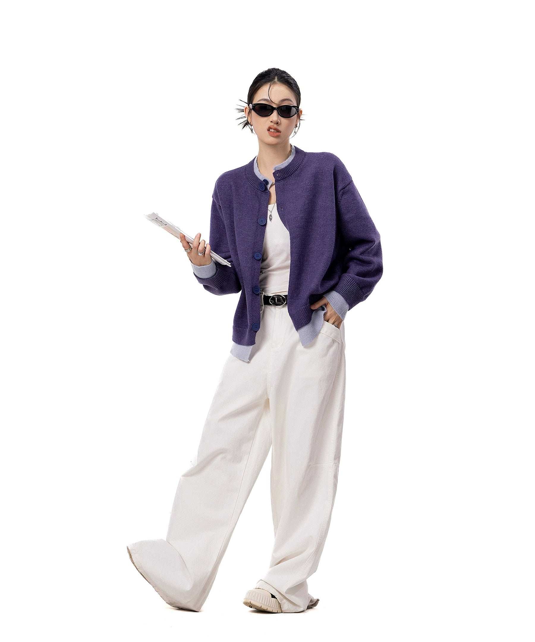 ICH MODE 美式假两件毛针织衫女2025年新款秋冬开衫毛衣长袖外套