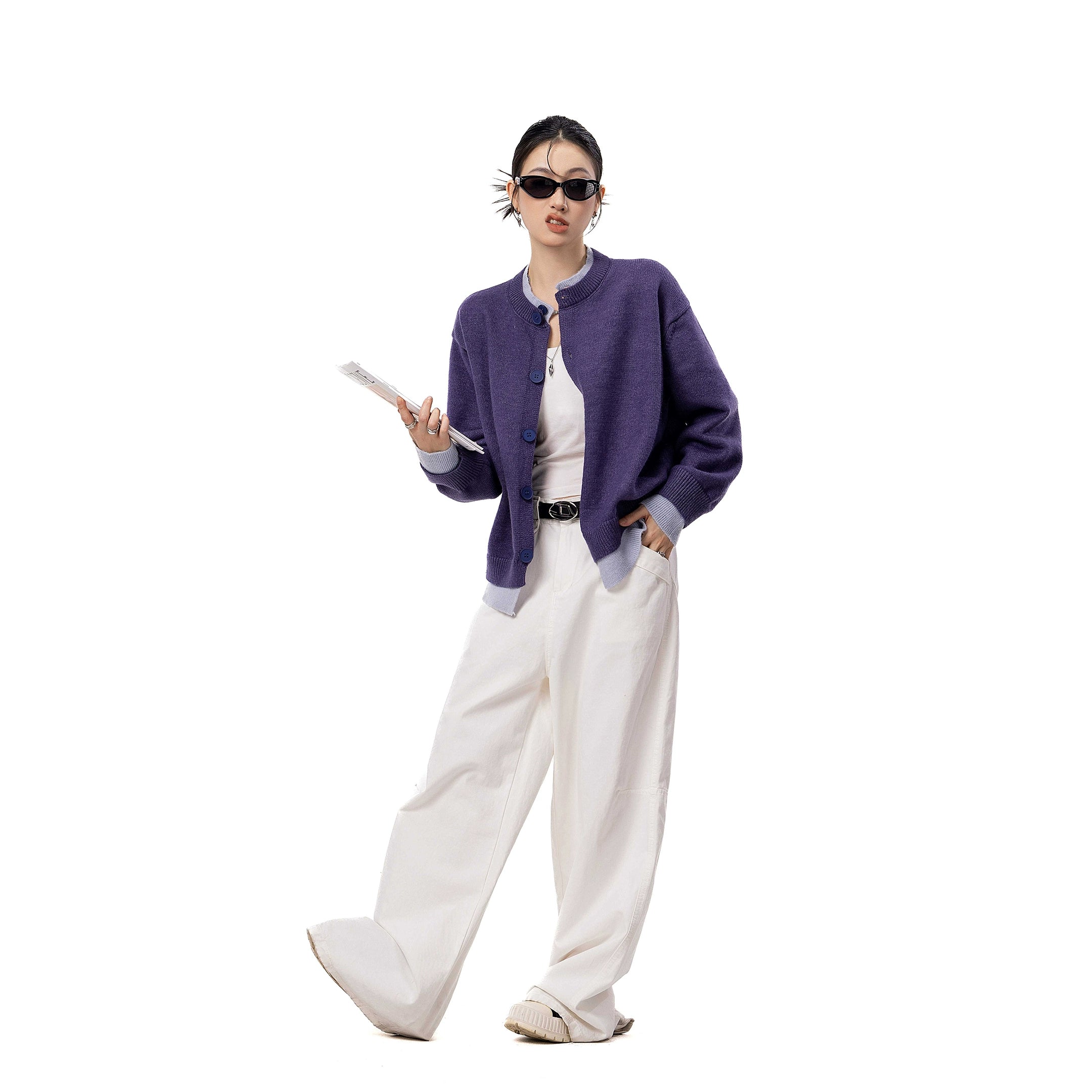 ICH MODE 美式假两件毛针织衫女2025年新款秋冬开衫毛衣长袖外套