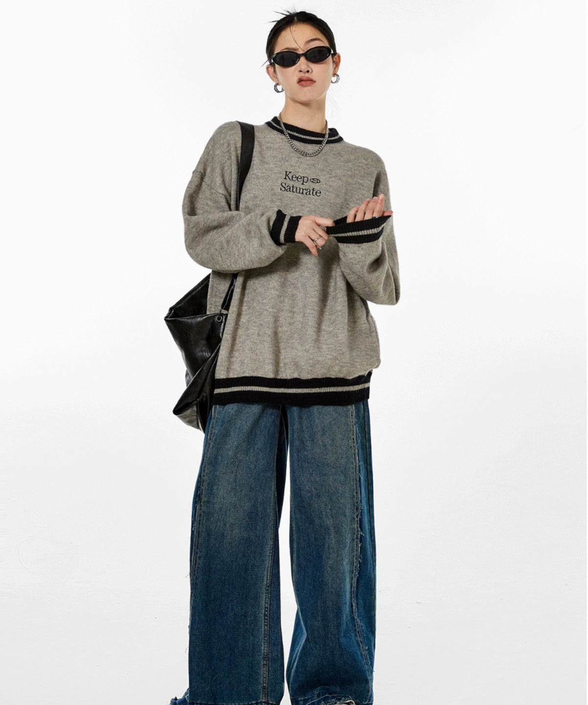 ICH MODE 美式复古圆领毛衣秋冬女宽松针织衫外套慵懒风2025新款