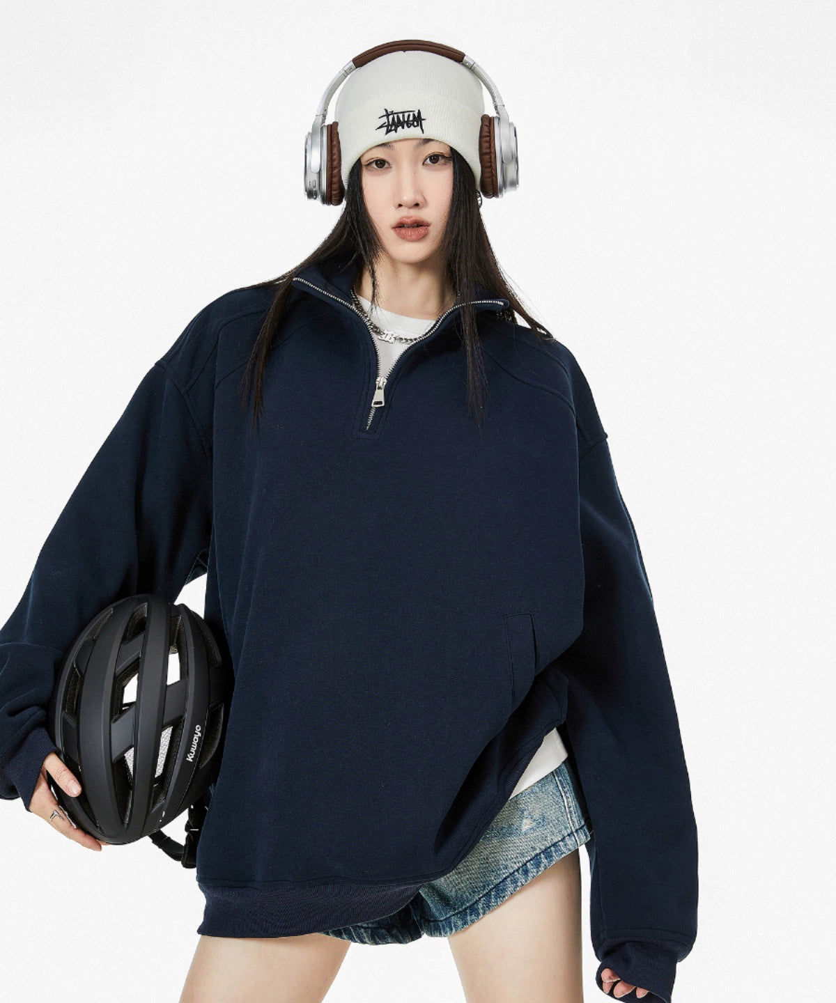 ICH MODE 美式半拉链立领卫衣女2025新款秋冬宽松慵懒风外套上衣