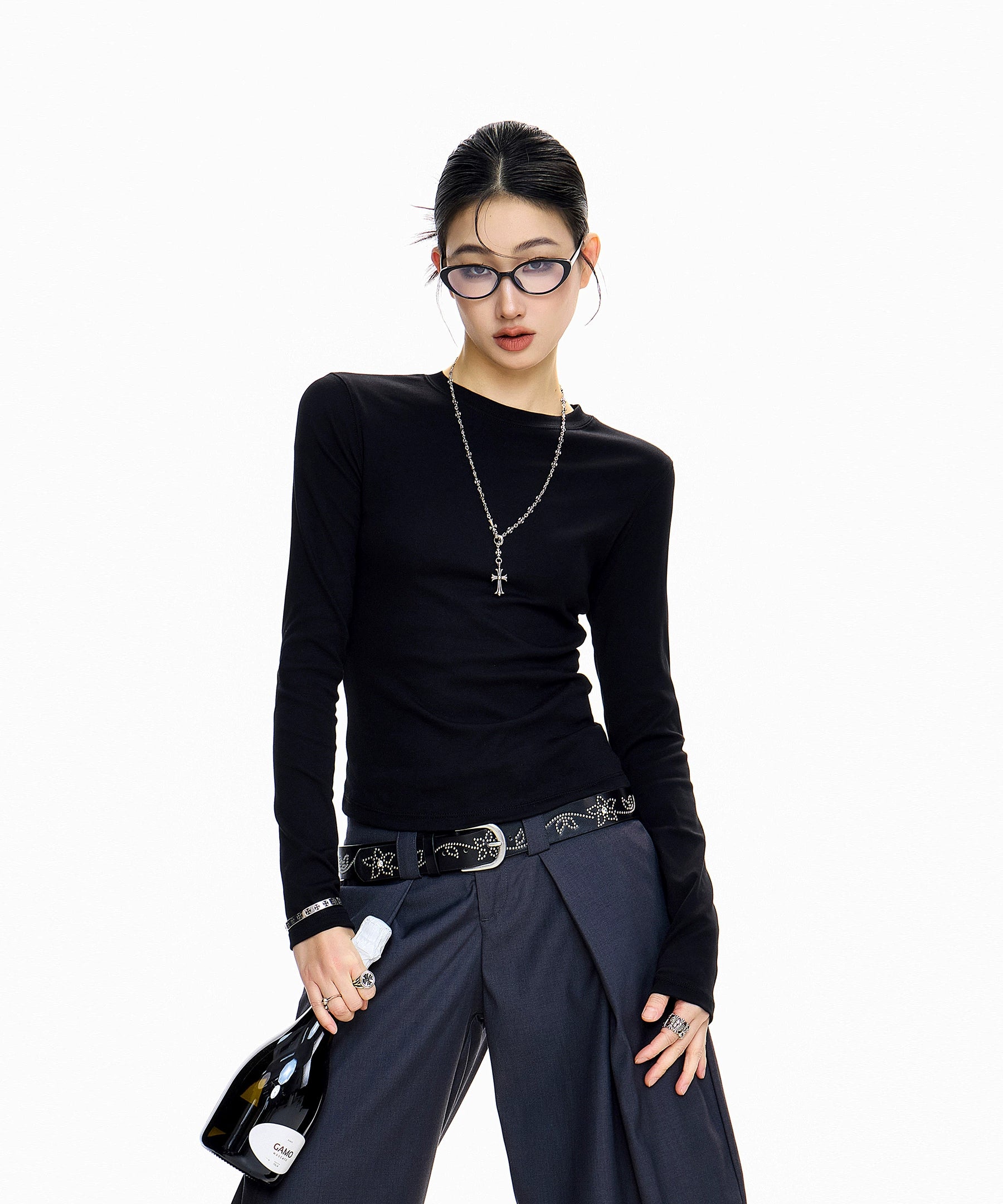 ICH MODE 美式复古正肩长袖T恤女秋冬2025新款修身打底一字肩上衣