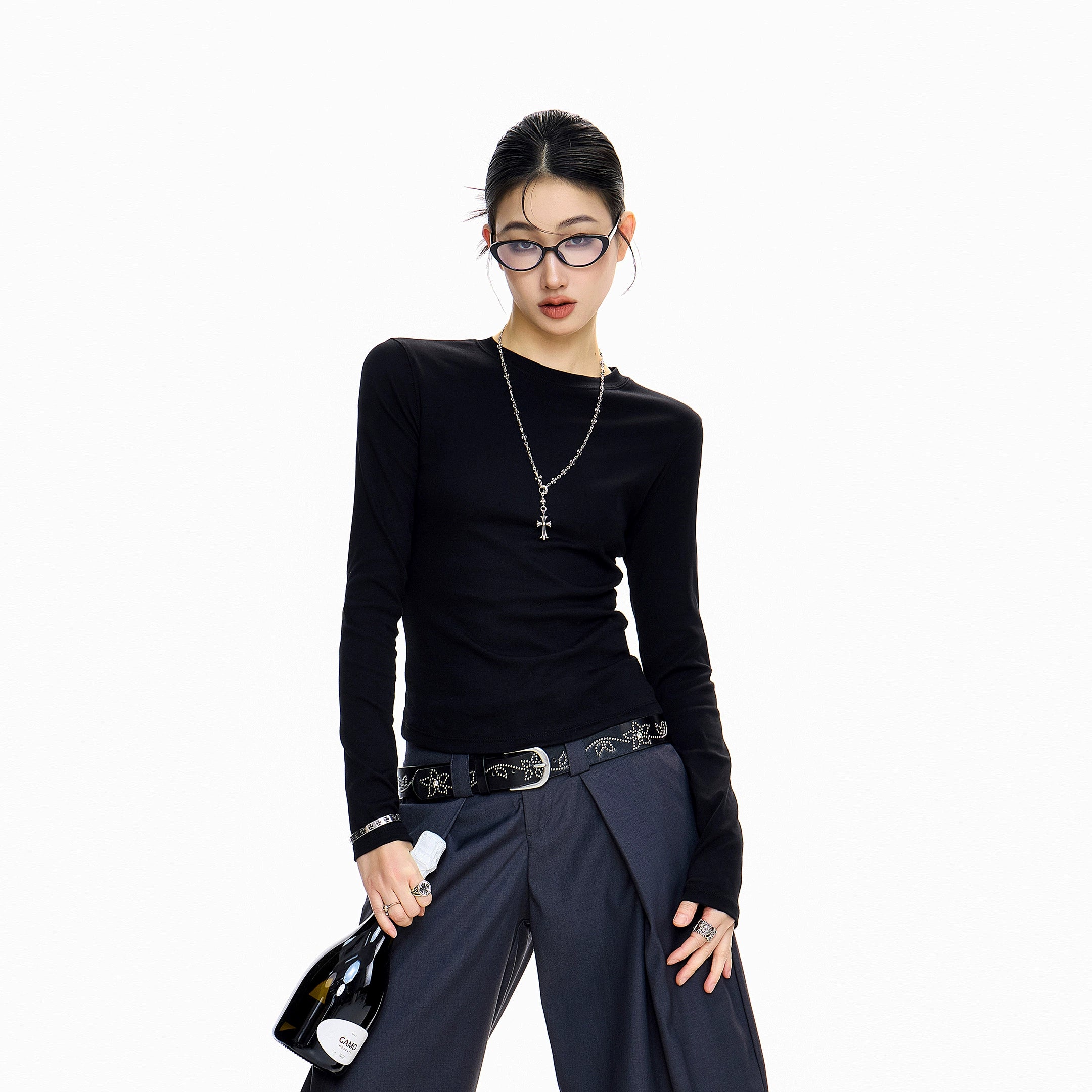 ICH MODE 美式复古正肩长袖T恤女秋冬2025新款修身打底一字肩上衣