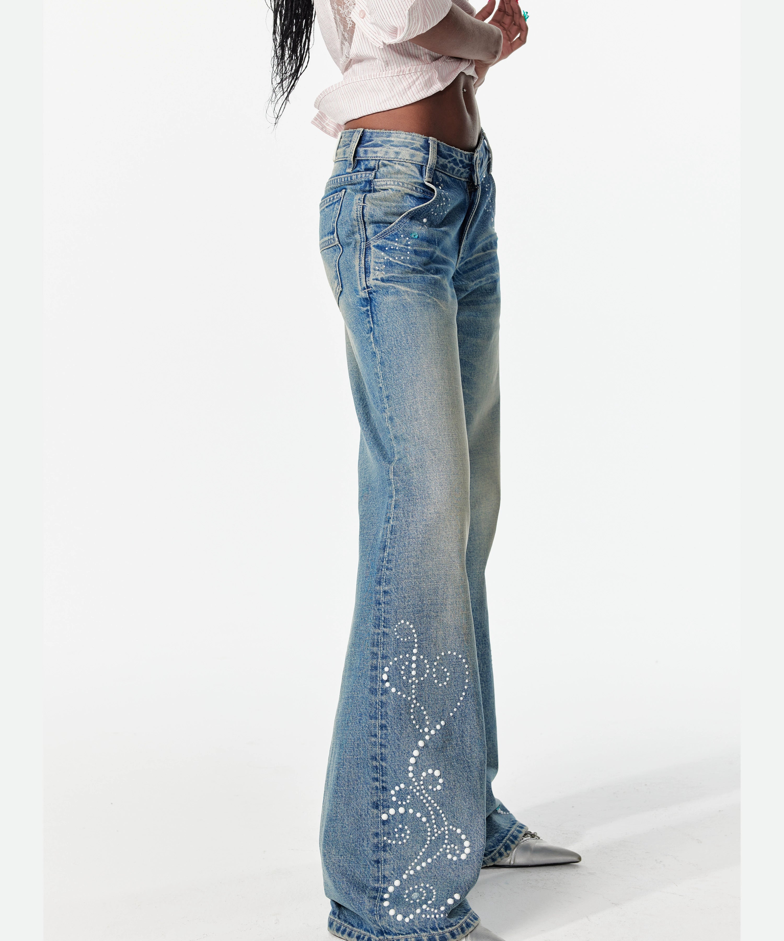 2th Desire美式复古重酵洗星落爱心烫钻低腰微喇浅色直筒牛仔裤女